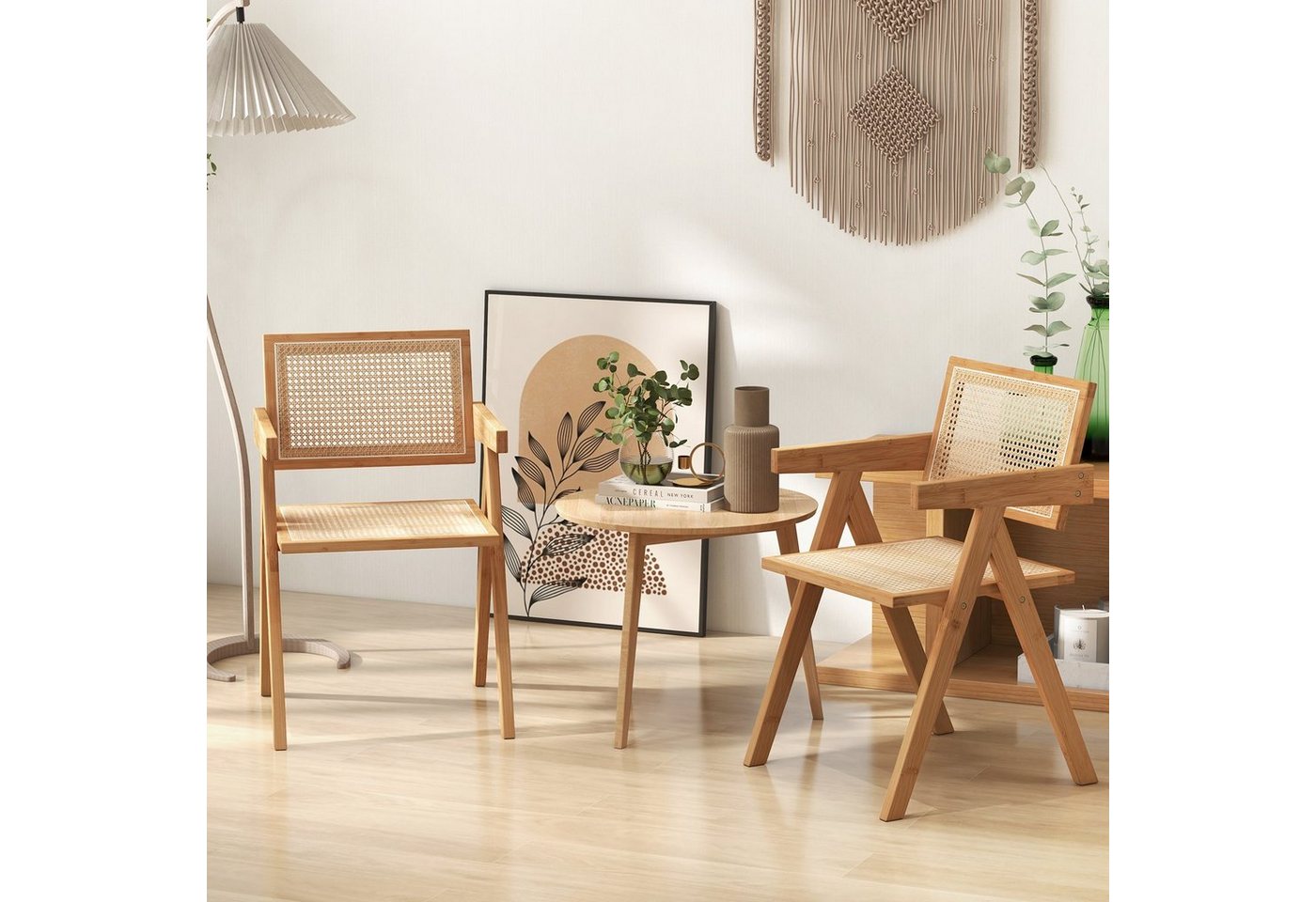 COSTWAY Esszimmerstuhl (2 St), mit Armlenhnen, Bambus & Rattan, 130kg – Bild 2 von 5
