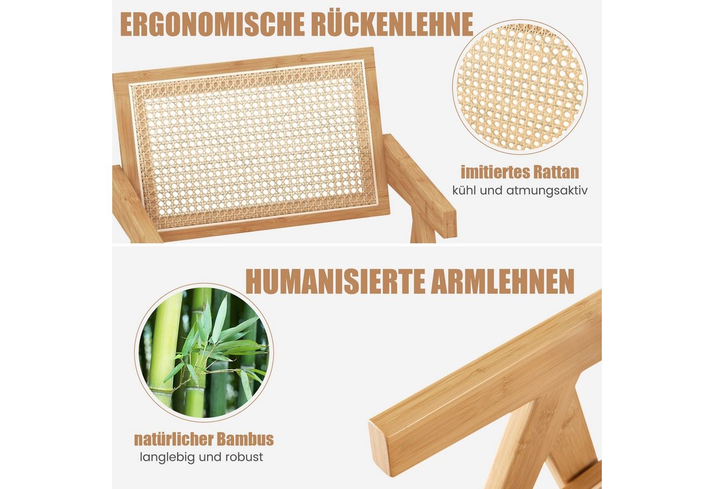 COSTWAY Esszimmerstuhl (2 St), mit Armlenhnen, Bambus & Rattan, 130kg – Bild 3 von 5