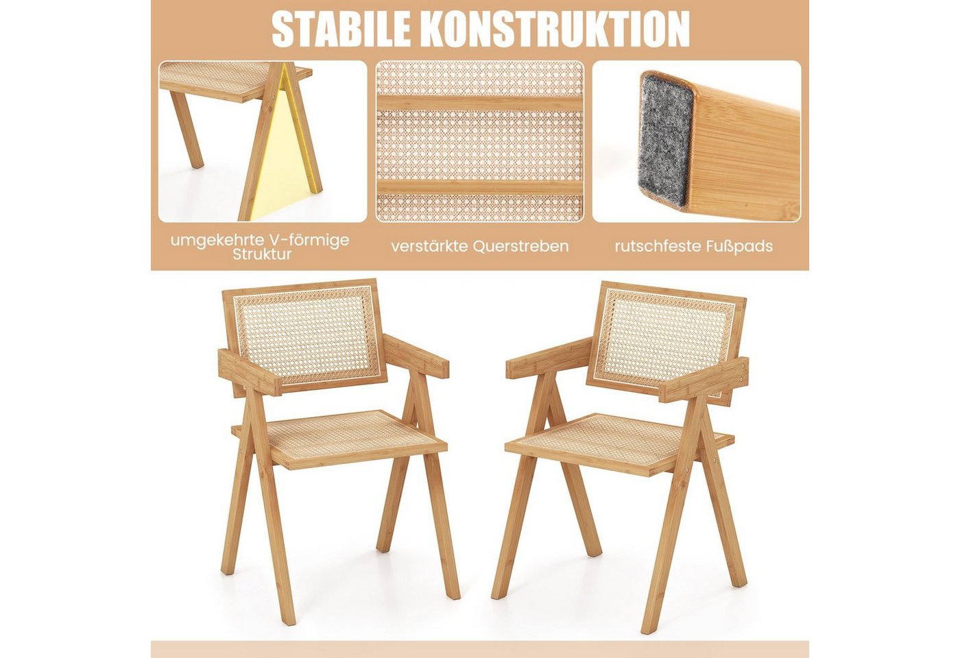 COSTWAY Esszimmerstuhl (2 St), mit Armlenhnen, Bambus & Rattan, 130kg – Bild 4 von 5