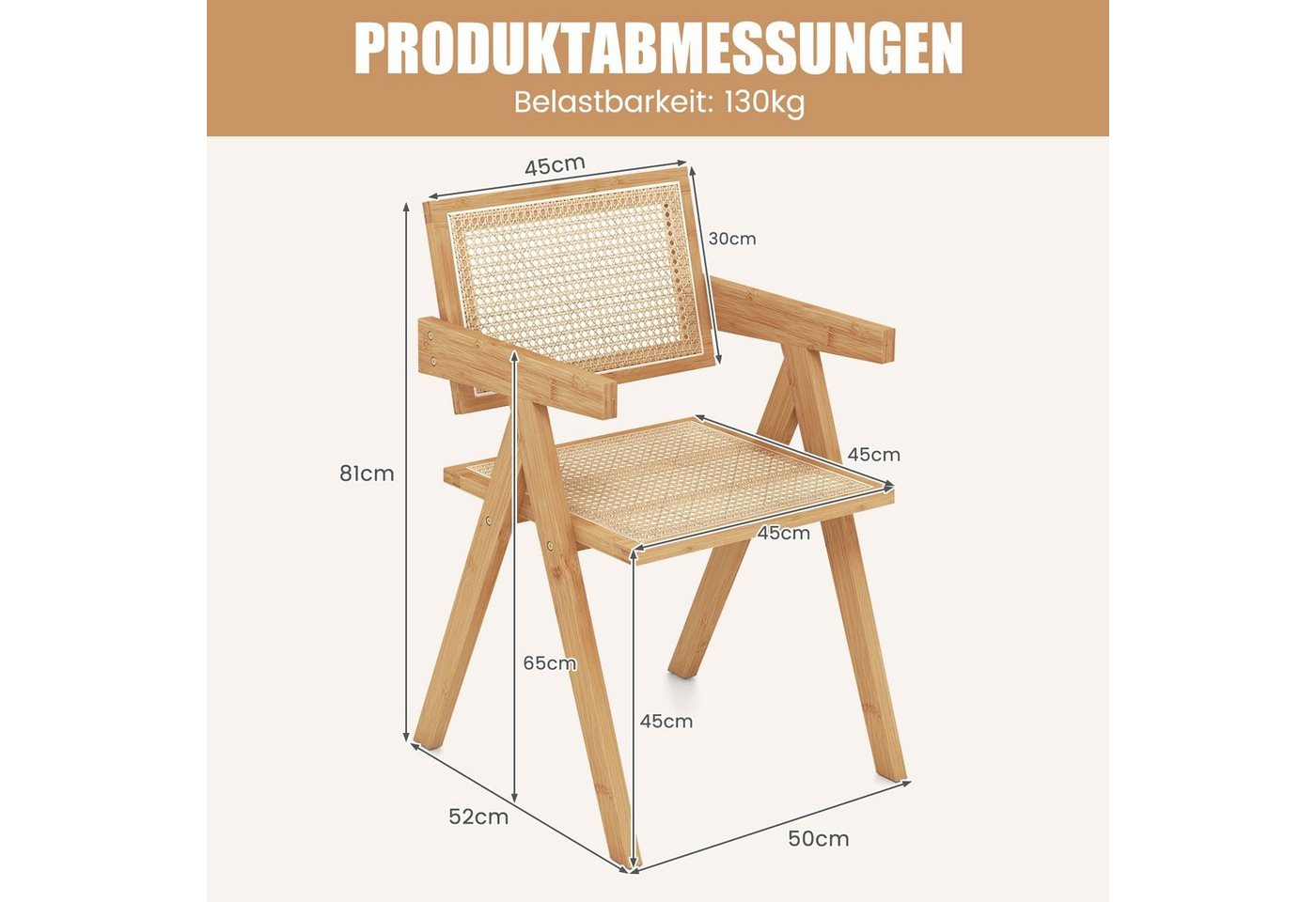 COSTWAY Esszimmerstuhl (2 St), mit Armlenhnen, Bambus & Rattan, 130kg – Bild 5 von 5