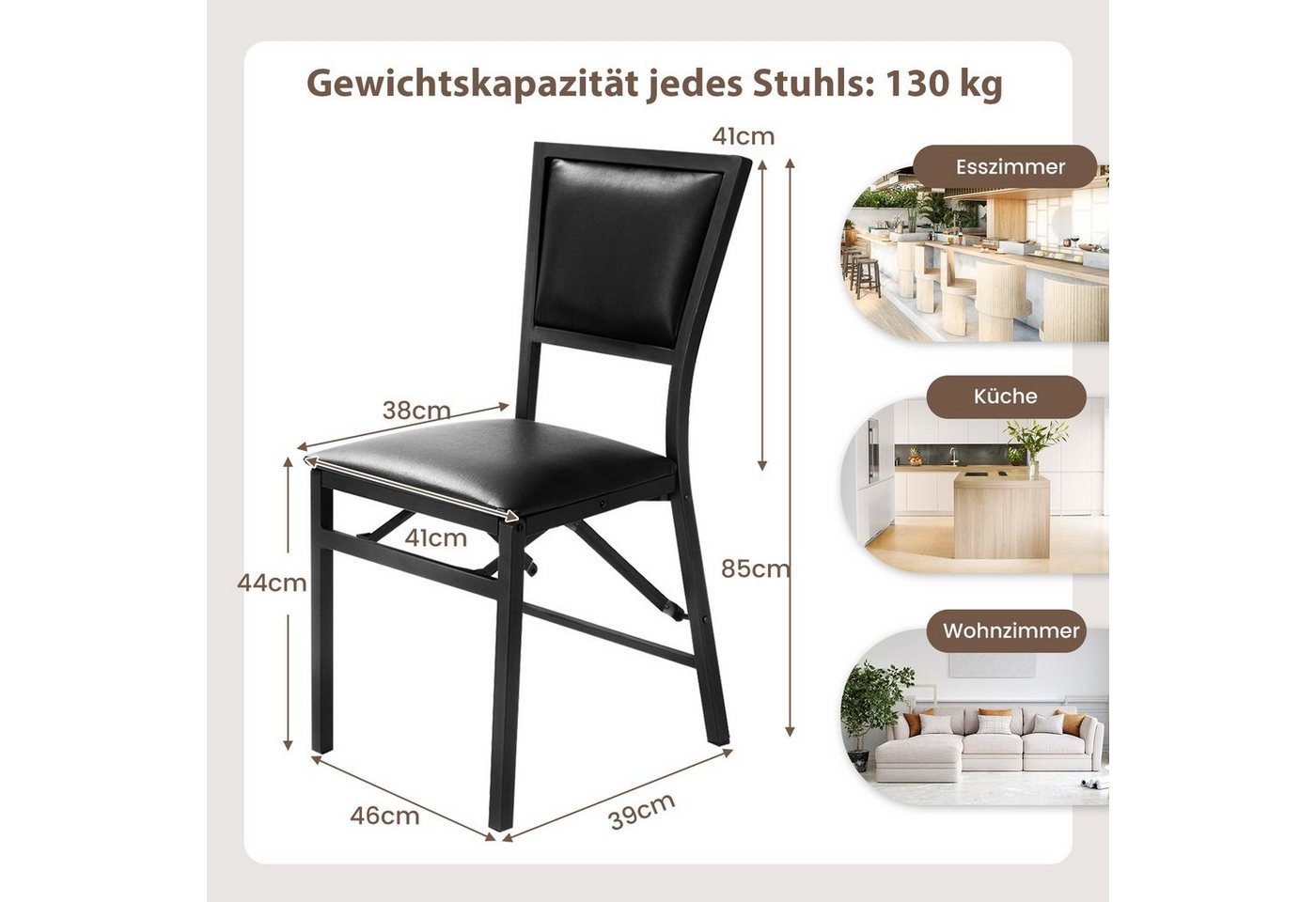 COSTWAY Esszimmerstuhl 2er Set, klappbare Küchenstühle, gepolstert, Metall – Bild 5 von 5
