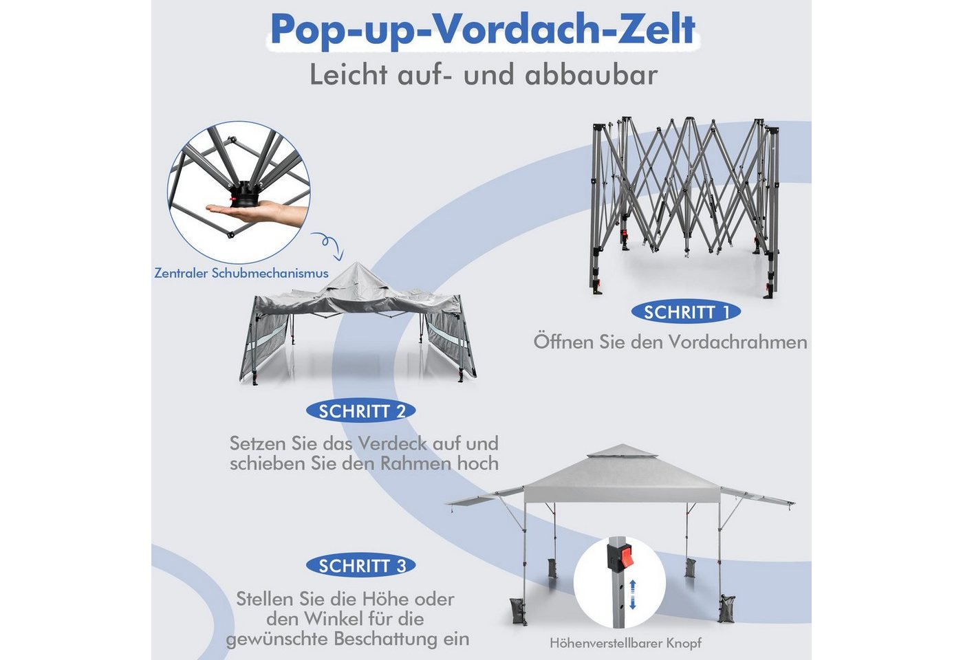 COSTWAY Faltpavillon 3x3m Popup Pavillon, höhenverstellbar, mit 2 Markisen – Bild 2 von 5