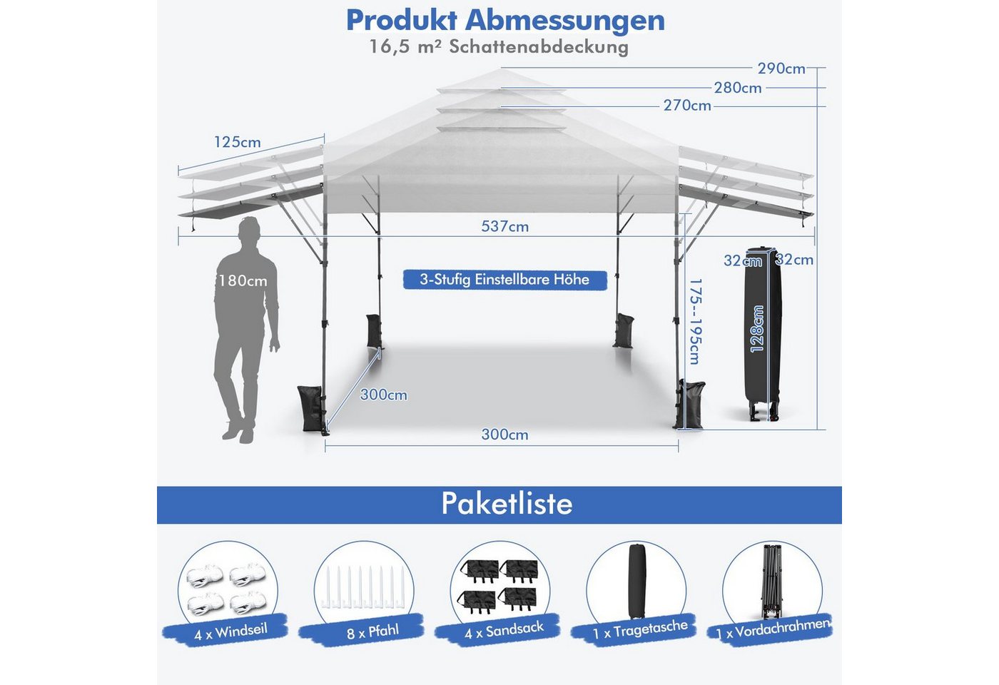 COSTWAY Faltpavillon 3x3m Popup Pavillon, höhenverstellbar, mit 2 Markisen – Bild 3 von 5