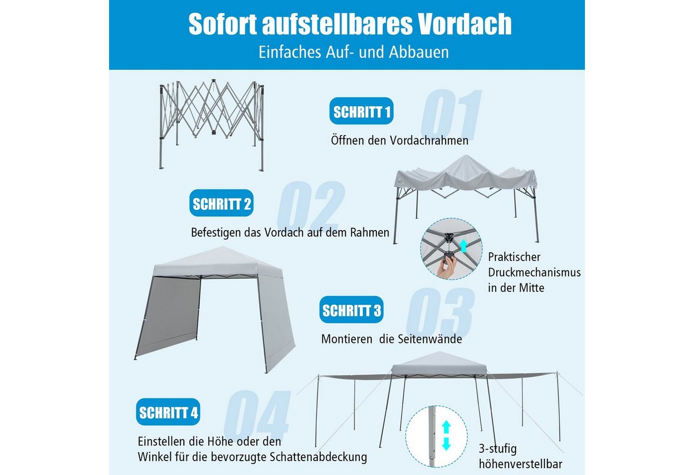 COSTWAY Faltpavillon Pop Up Pavillon, mit 2 Seitenteilen, mit Seitenwänden & Markisen – Bild 2 von 5