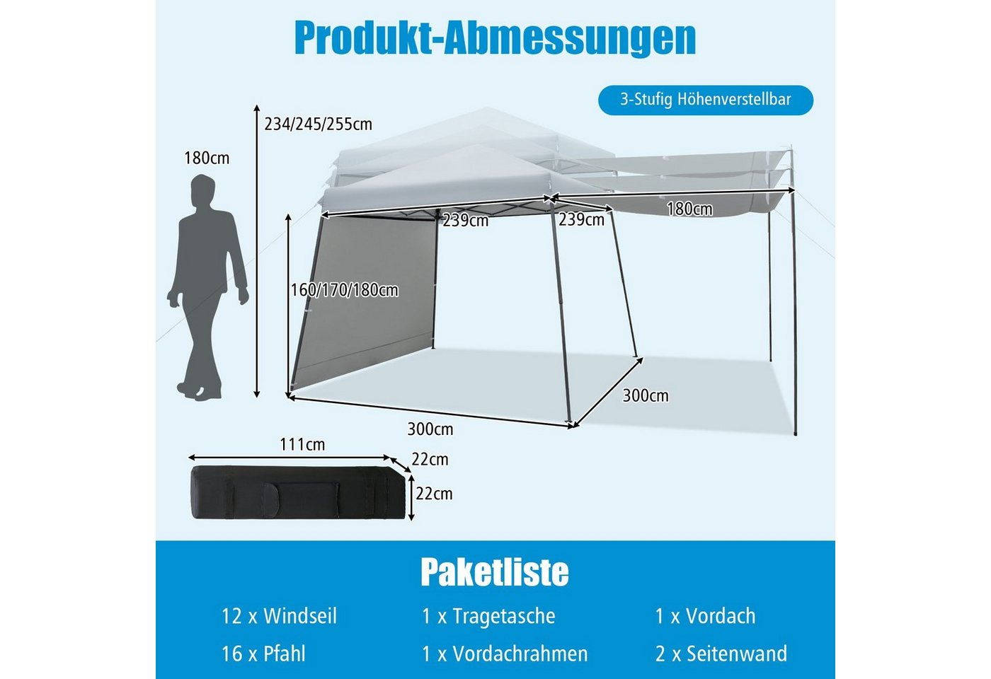 COSTWAY Faltpavillon Pop Up Pavillon, mit 2 Seitenteilen, mit Seitenwänden & Markisen – Bild 3 von 5
