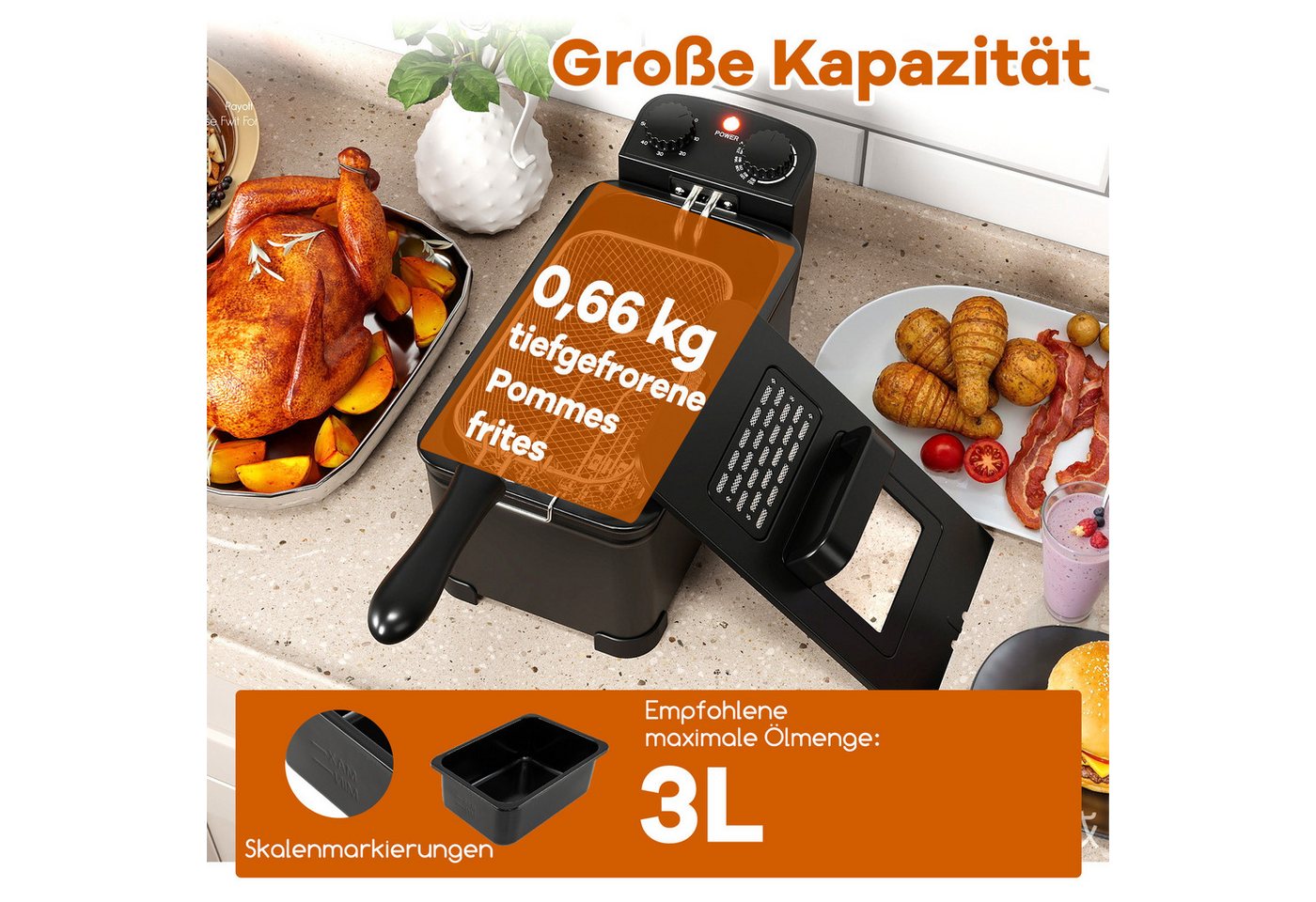 COSTWAY Fritteuse, 2000 W, 3L Frittiertopf mit Öl, Korb & Deckel & Timer – Bild 2 von 5