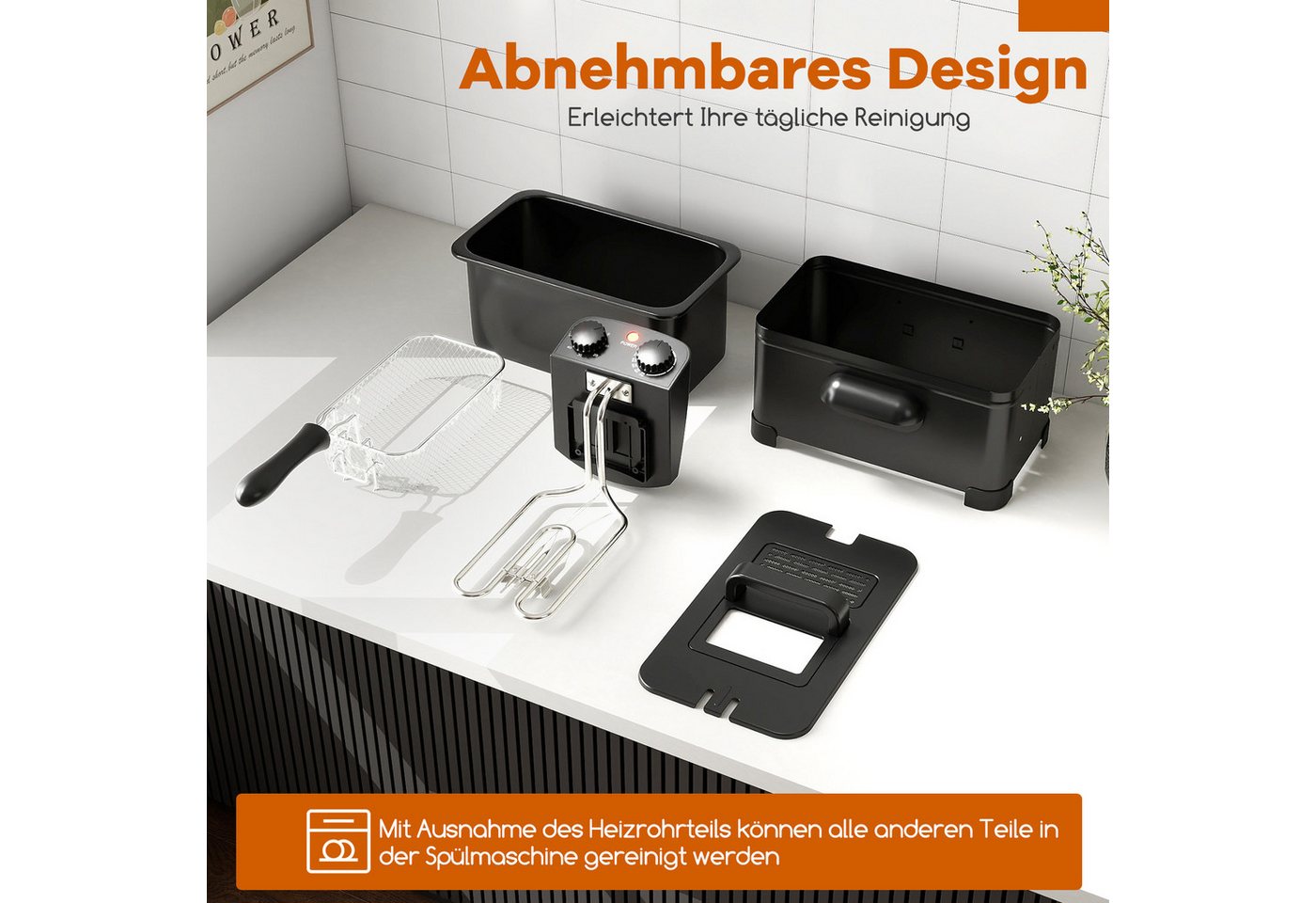 COSTWAY Fritteuse, 2000 W, 3L Frittiertopf mit Öl, Korb & Deckel & Timer – Bild 5 von 5