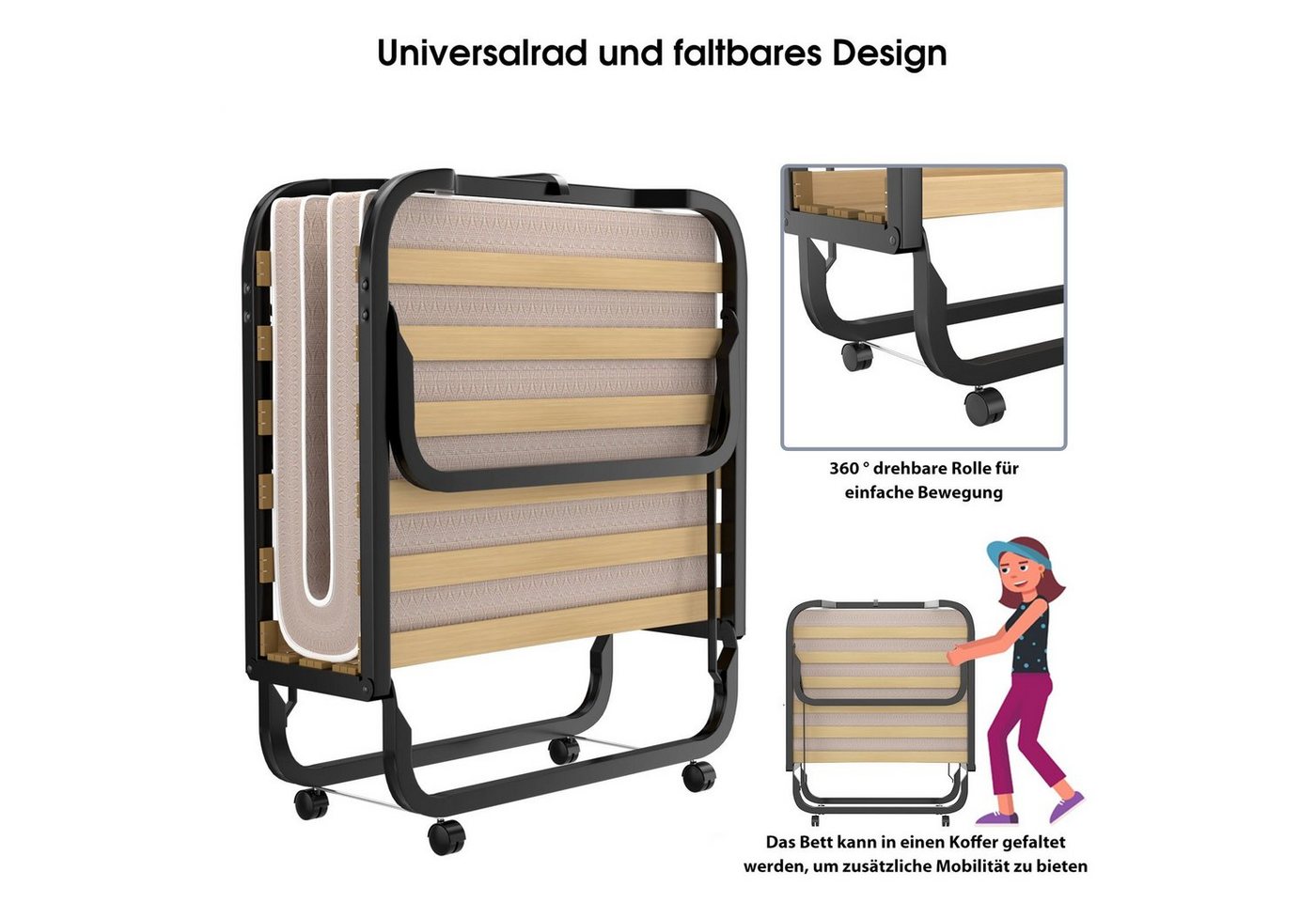 COSTWAY Gästebett klappbar, 90x200cm auf Rädern, mit Matratze, 120 kg – Bild 5 von 5