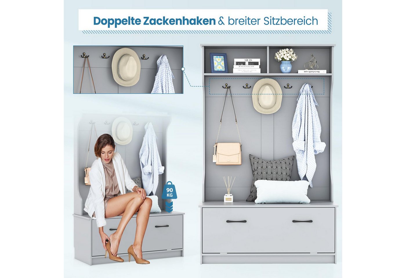 COSTWAY Garderobenständer, (1 St), mit Sitzbank, 5 Doppelhaken & Fächern, 100x40x160cm – Bild 2 von 5
