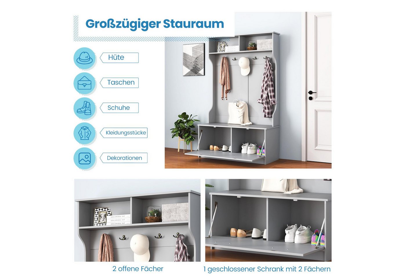 COSTWAY Garderobenständer, (1 St), mit Sitzbank, 5 Doppelhaken & Fächern, 100x40x160cm – Bild 3 von 5