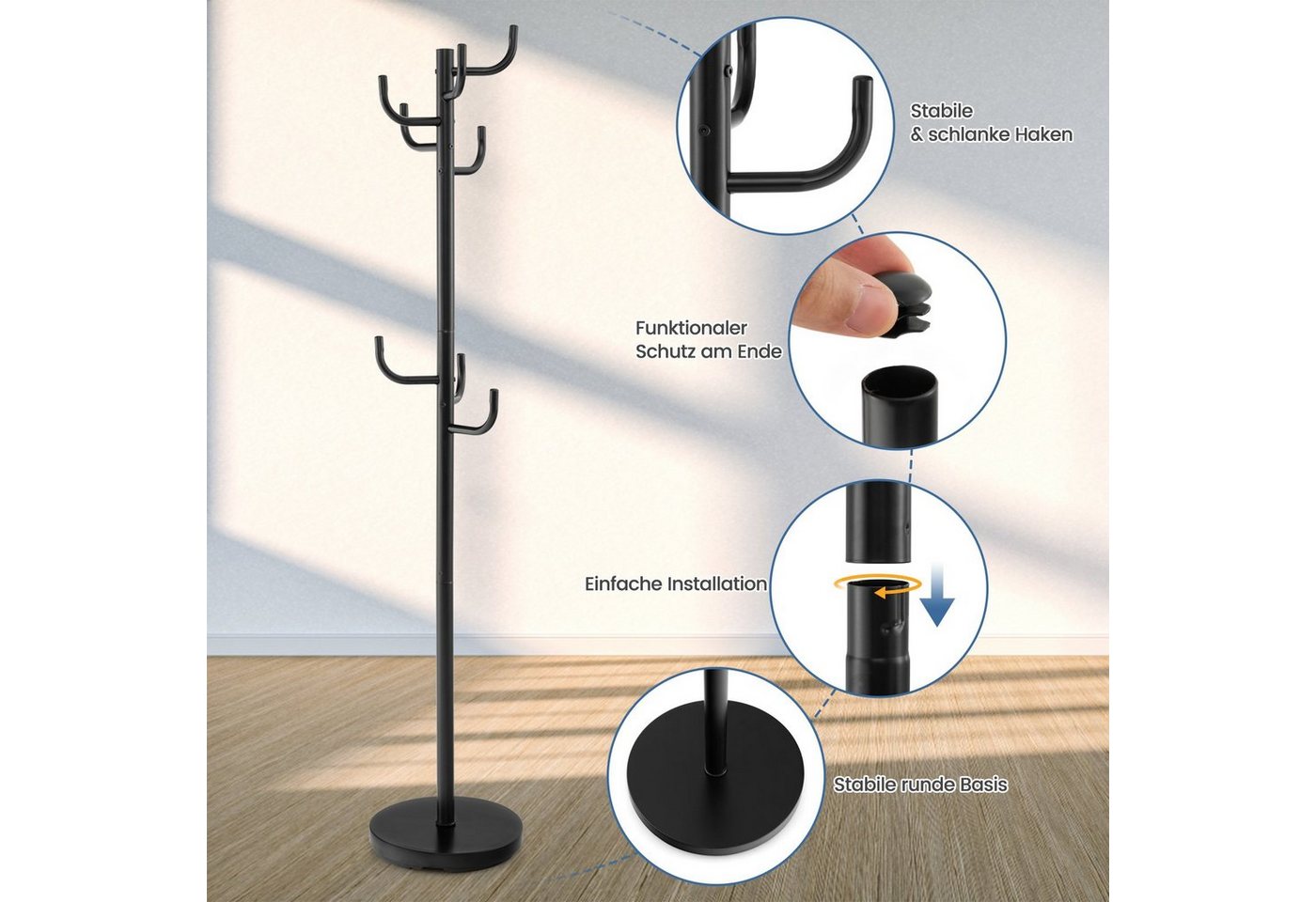 COSTWAY Garderobenständer Kleiderständer, Metall mit 8 Haken, φ33,5 x 175cm – Bild 4 von 5