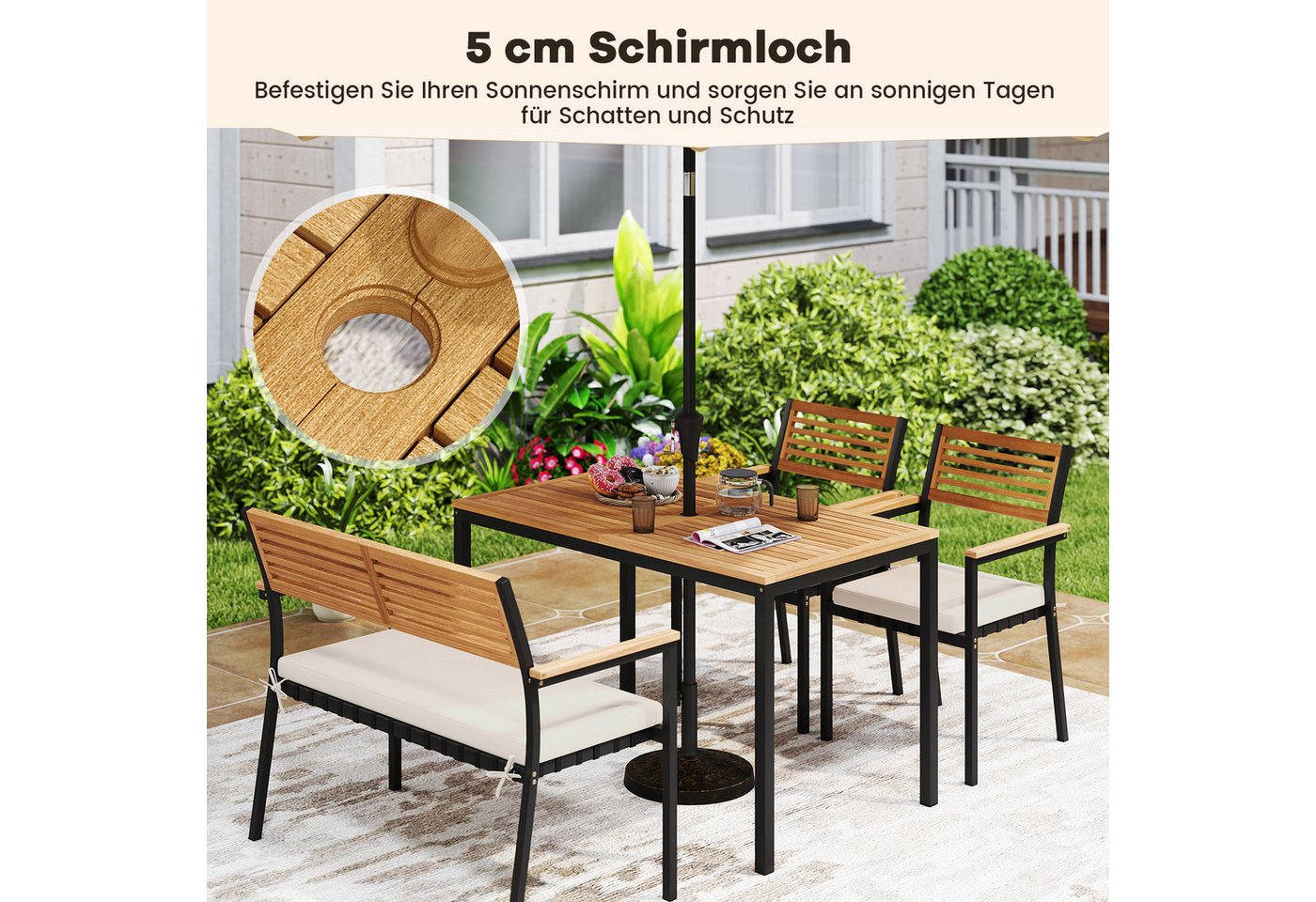 COSTWAY Garten-Essgruppe, (4-tlg), 4 Personen 120x70cm Gartentisch mit Schirmloch, Sitzbank, 2 Stühle – Bild 2 von 5