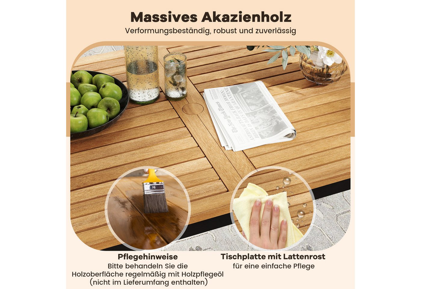 COSTWAY Garten-Essgruppe, (4-tlg), 4 Personen 120x70cm Gartentisch mit Schirmloch, Sitzbank, 2 Stühle – Bild 3 von 5