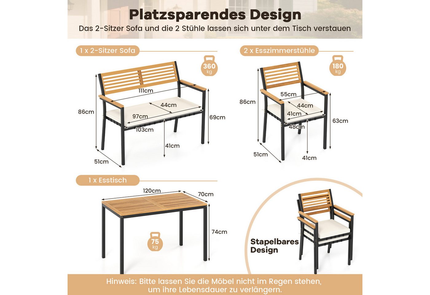 COSTWAY Garten-Essgruppe, (4-tlg), 4 Personen 120x70cm Gartentisch mit Schirmloch, Sitzbank, 2 Stühle – Bild 5 von 5