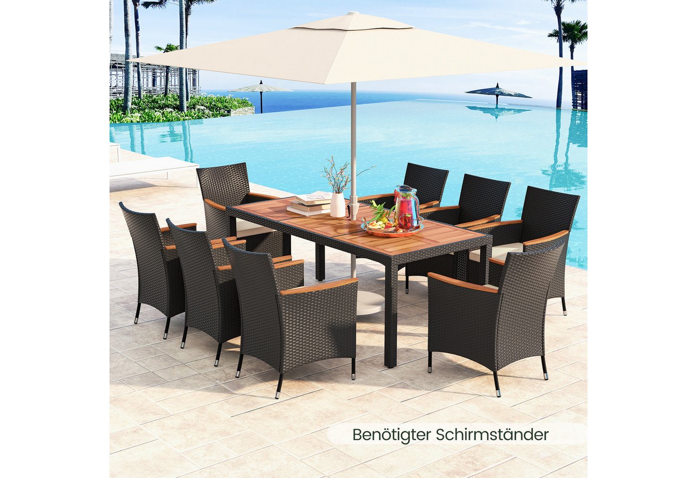 COSTWAY Garten-Essgruppe, (9-tlg), Rattan, Akazienholz, für 8 Personen, mit Kissen – Bild 2 von 5