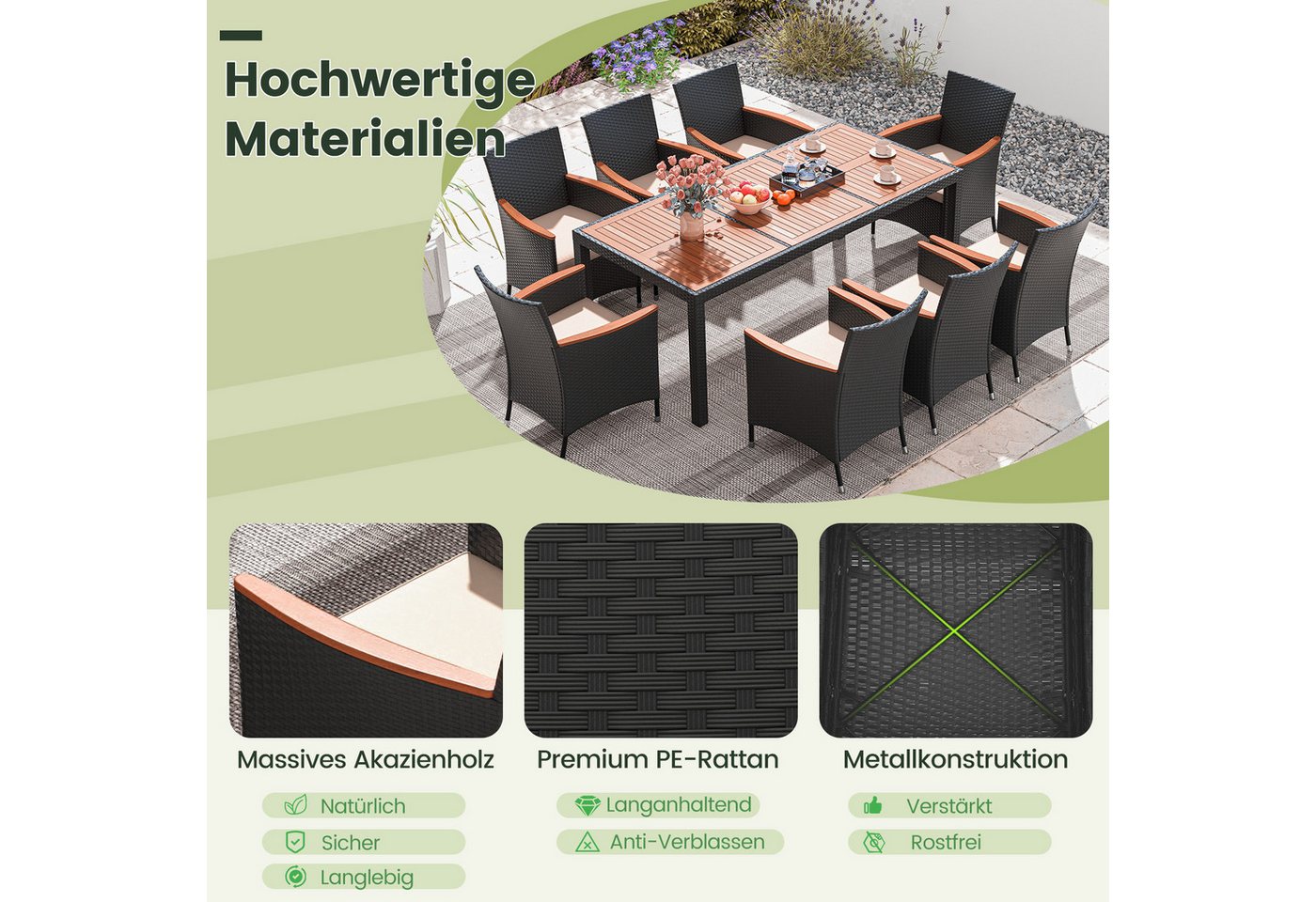 COSTWAY Garten-Essgruppe, (9-tlg), Rattan, Akazienholz, für 8 Personen, mit Kissen – Bild 3 von 5