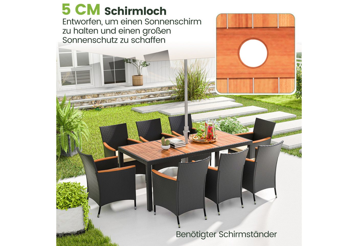 COSTWAY Garten-Essgruppe, (9-tlg), Rattan, Akazienholz, für 8 Personen, mit Kissen – Bild 4 von 5