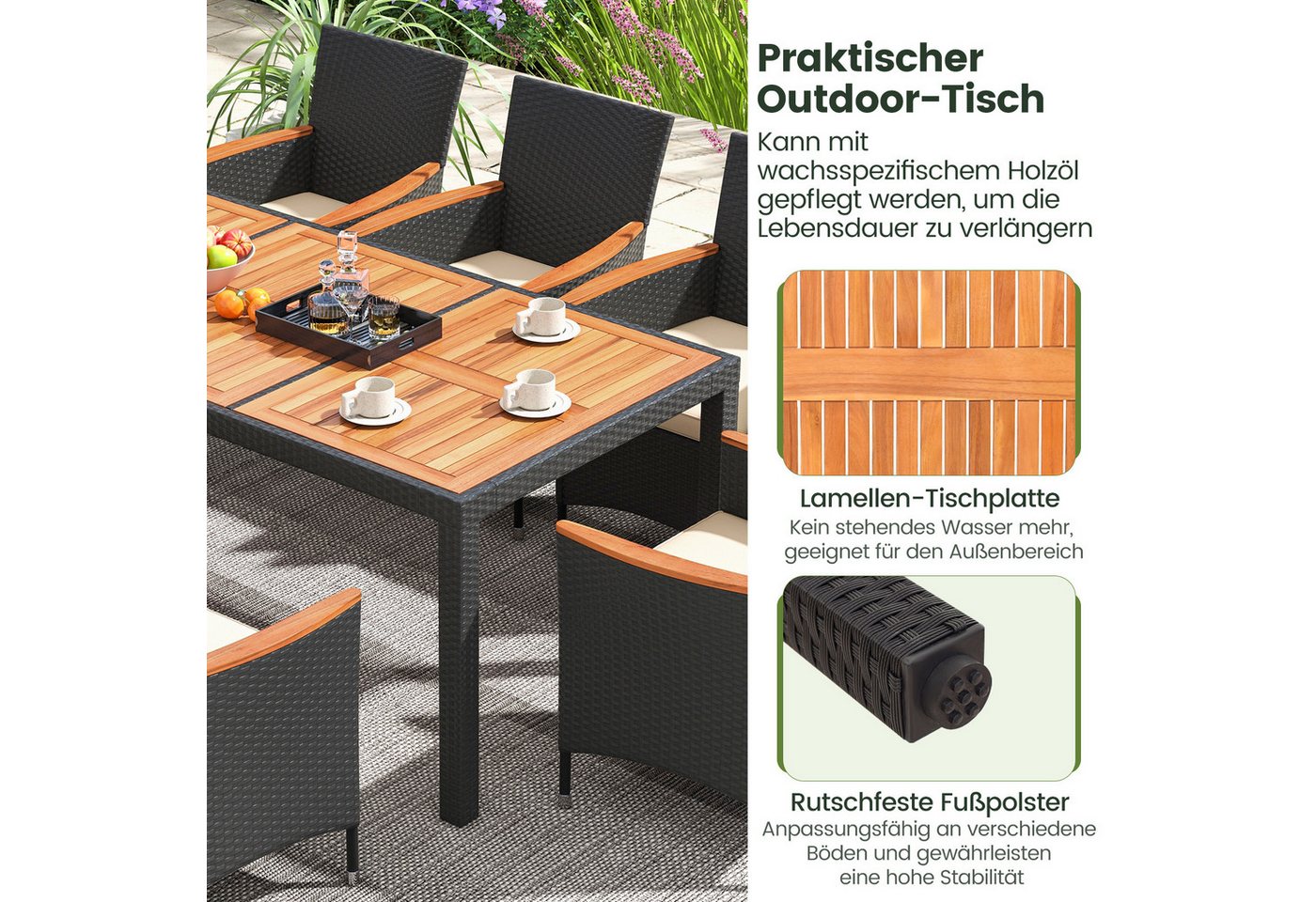 COSTWAY Garten-Essgruppe, (9-tlg), Rattan, Akazienholz, für 8 Personen, mit Kissen – Bild 5 von 5