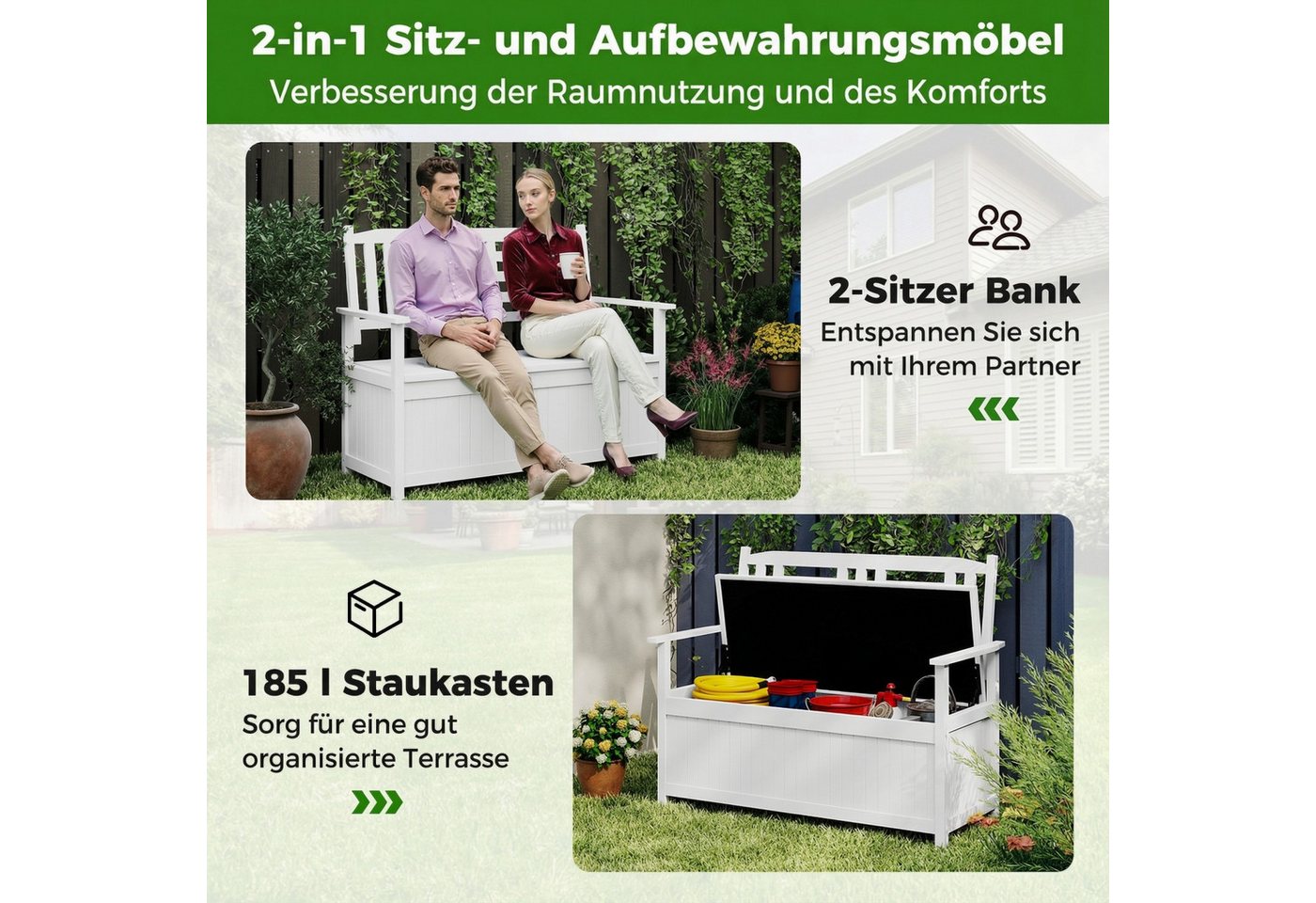 COSTWAY Gartenbank, wetterfest, Holz mit Stauraum 2-Sitzer Truhenbank – Bild 2 von 5