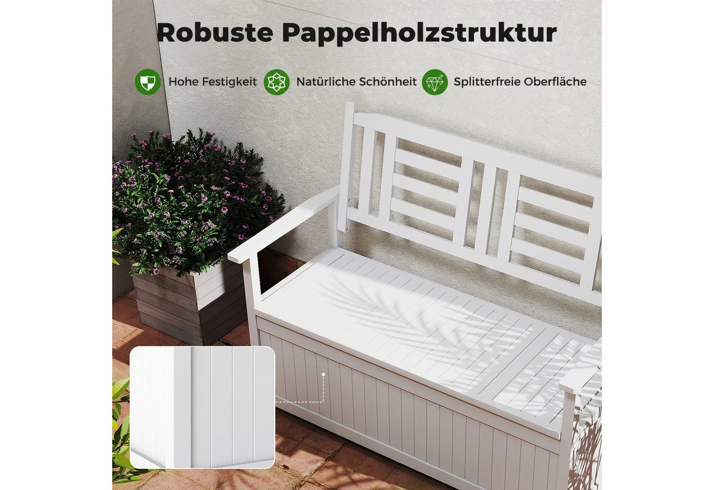 COSTWAY Gartenbank, wetterfest, Holz mit Stauraum 2-Sitzer Truhenbank – Bild 3 von 5