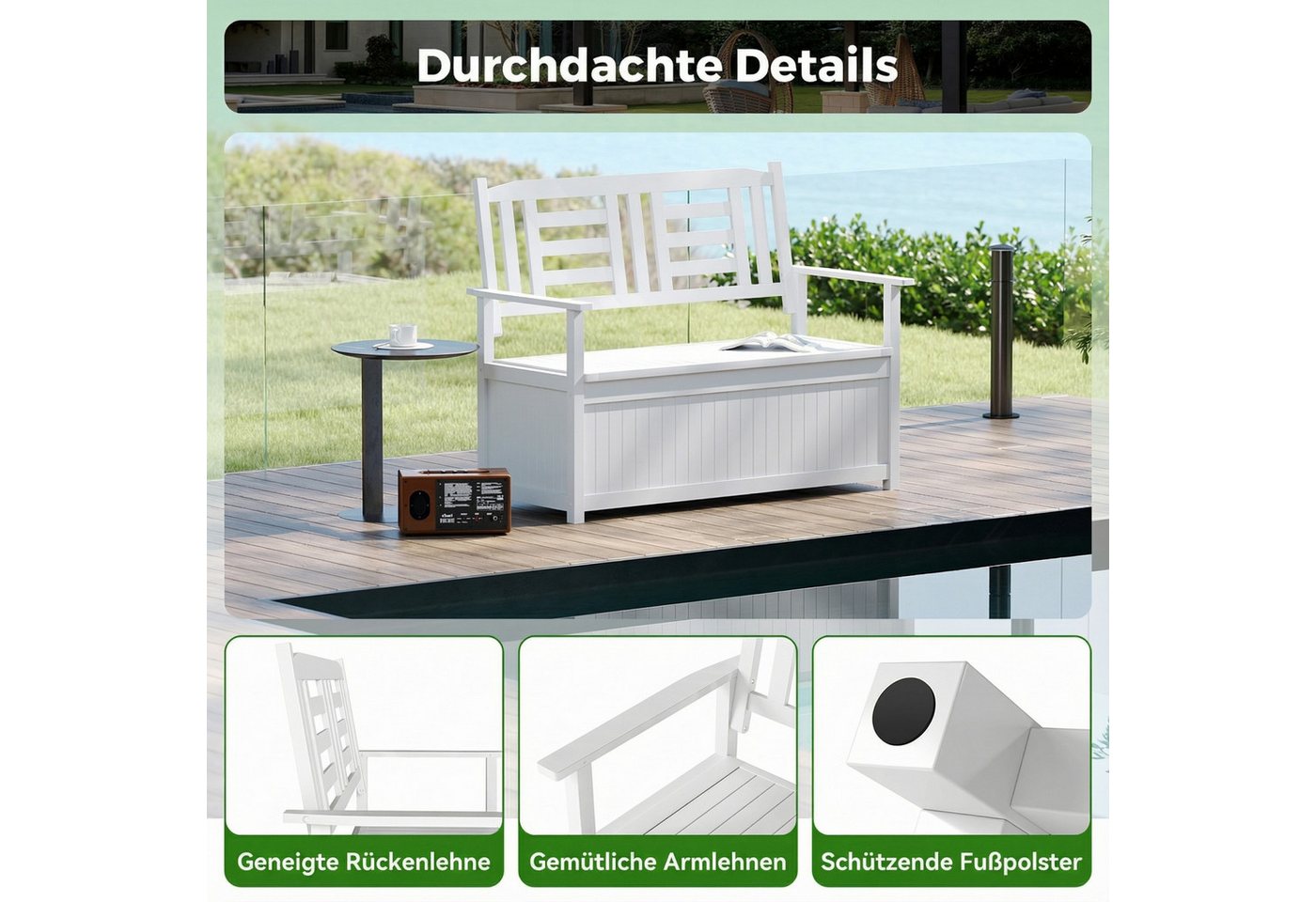 COSTWAY Gartenbank, wetterfest, Holz mit Stauraum 2-Sitzer Truhenbank – Bild 5 von 5