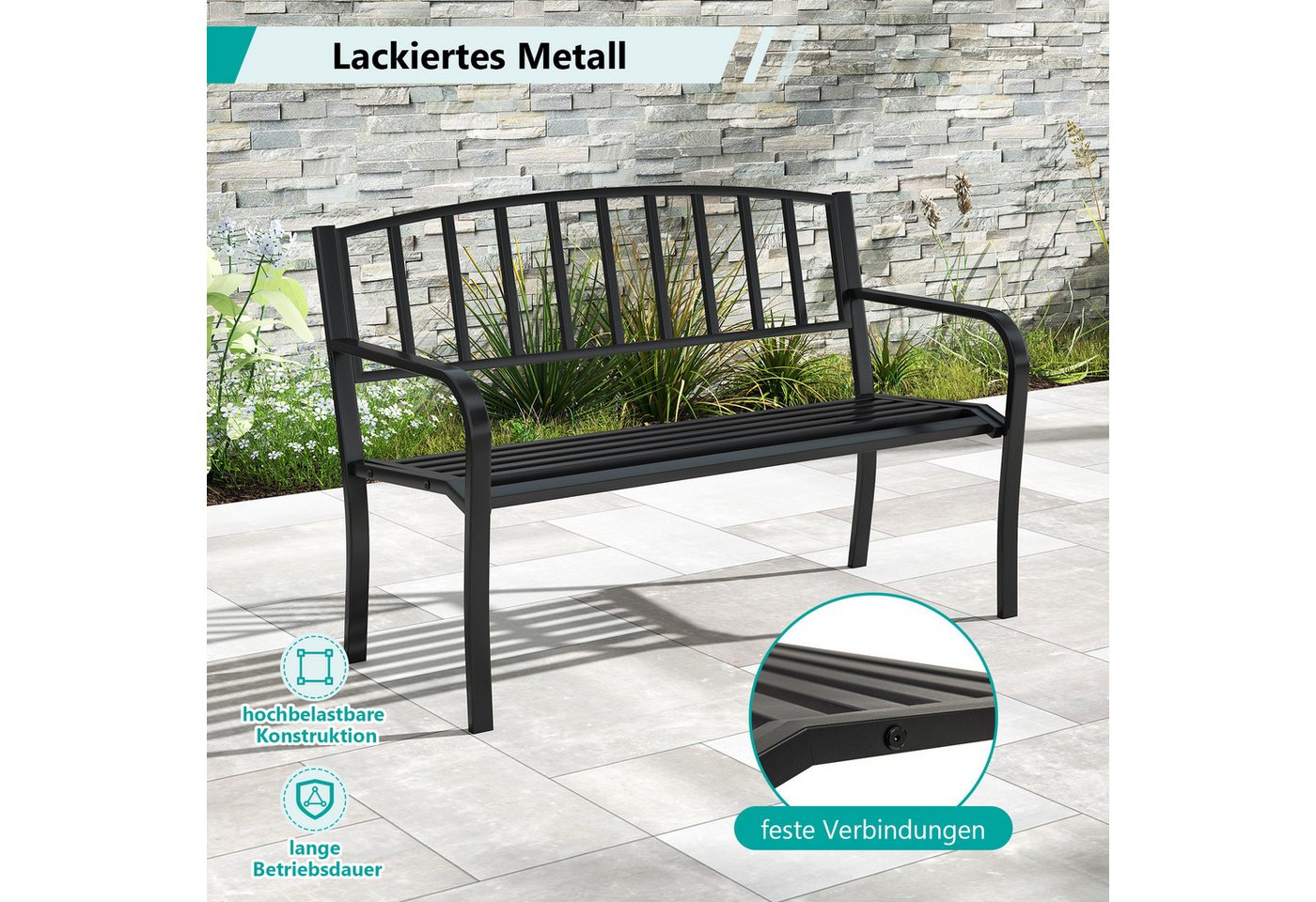 COSTWAY Gartenbank, Sitzbank 3-Sitzer aus Metall bis 300kg belastbar, 127cm – Bild 3 von 5