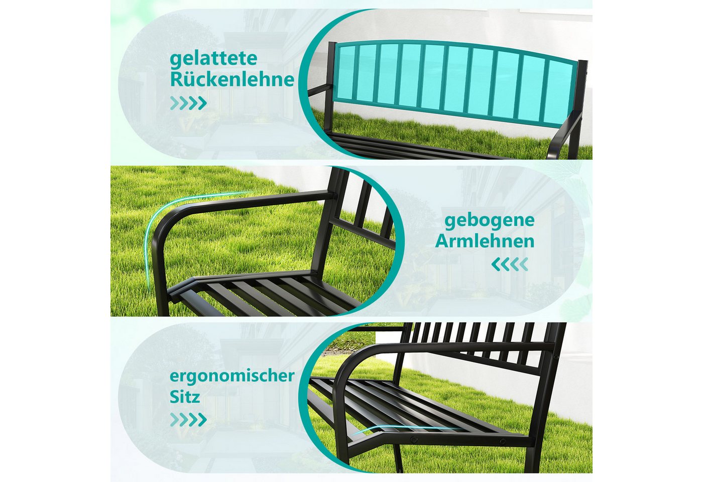 COSTWAY Gartenbank, Sitzbank 3-Sitzer aus Metall bis 300kg belastbar, 127cm – Bild 4 von 5