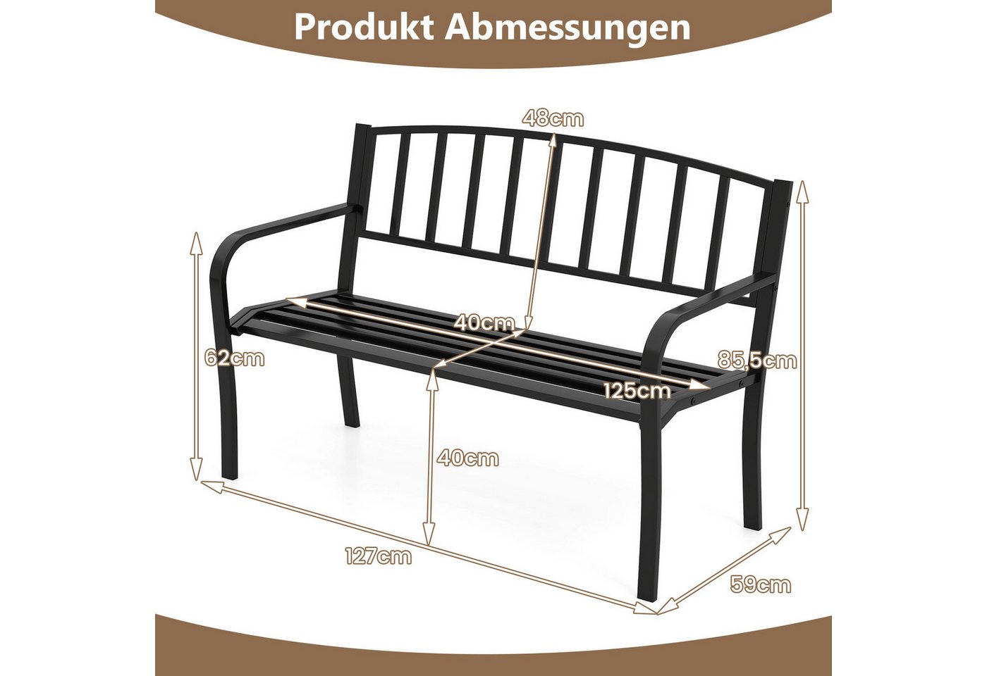 COSTWAY Gartenbank, Sitzbank 3-Sitzer aus Metall bis 300kg belastbar, 127cm – Bild 5 von 5