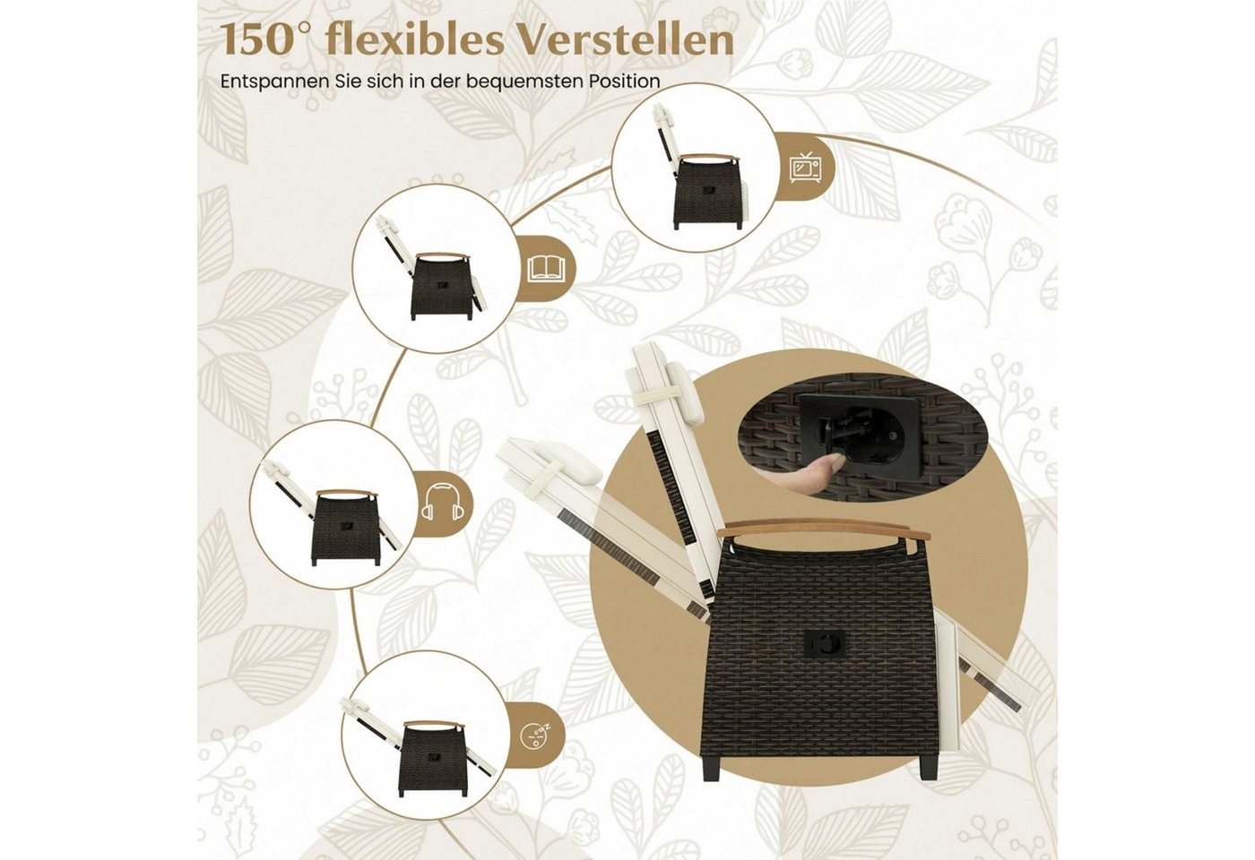 COSTWAY Gartenliege, 2 St., Gartensessel mit Liegefunktion, Kissen, Tisch, verstellbar – Bild 2 von 5