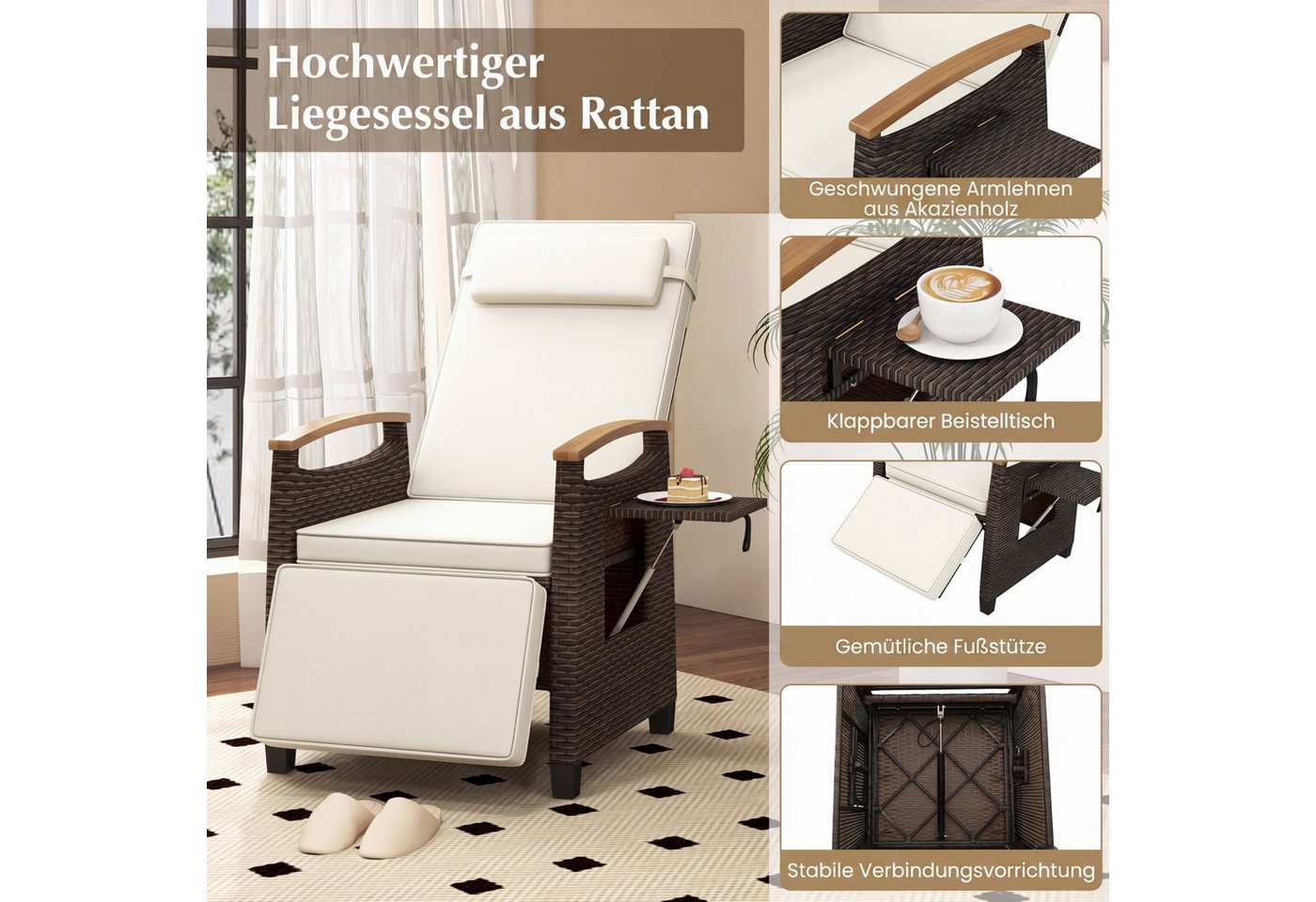 COSTWAY Gartenliege, 2 St., Gartensessel mit Liegefunktion, Kissen, Tisch, verstellbar – Bild 3 von 5