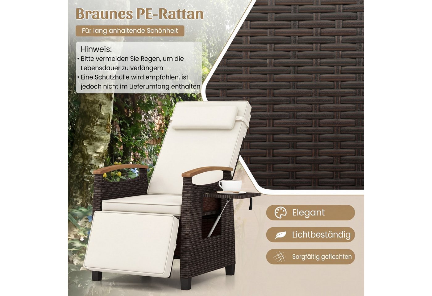 COSTWAY Gartenliege, 2 St., Gartensessel mit Liegefunktion, Kissen, Tisch, verstellbar – Bild 5 von 5
