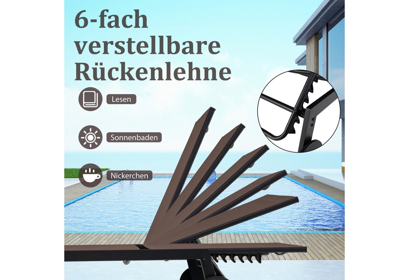 COSTWAY Gartenliege, 2 St., Liegestuhl-Set verstellbar mit Tisch, Rollen – Bild 2 von 5