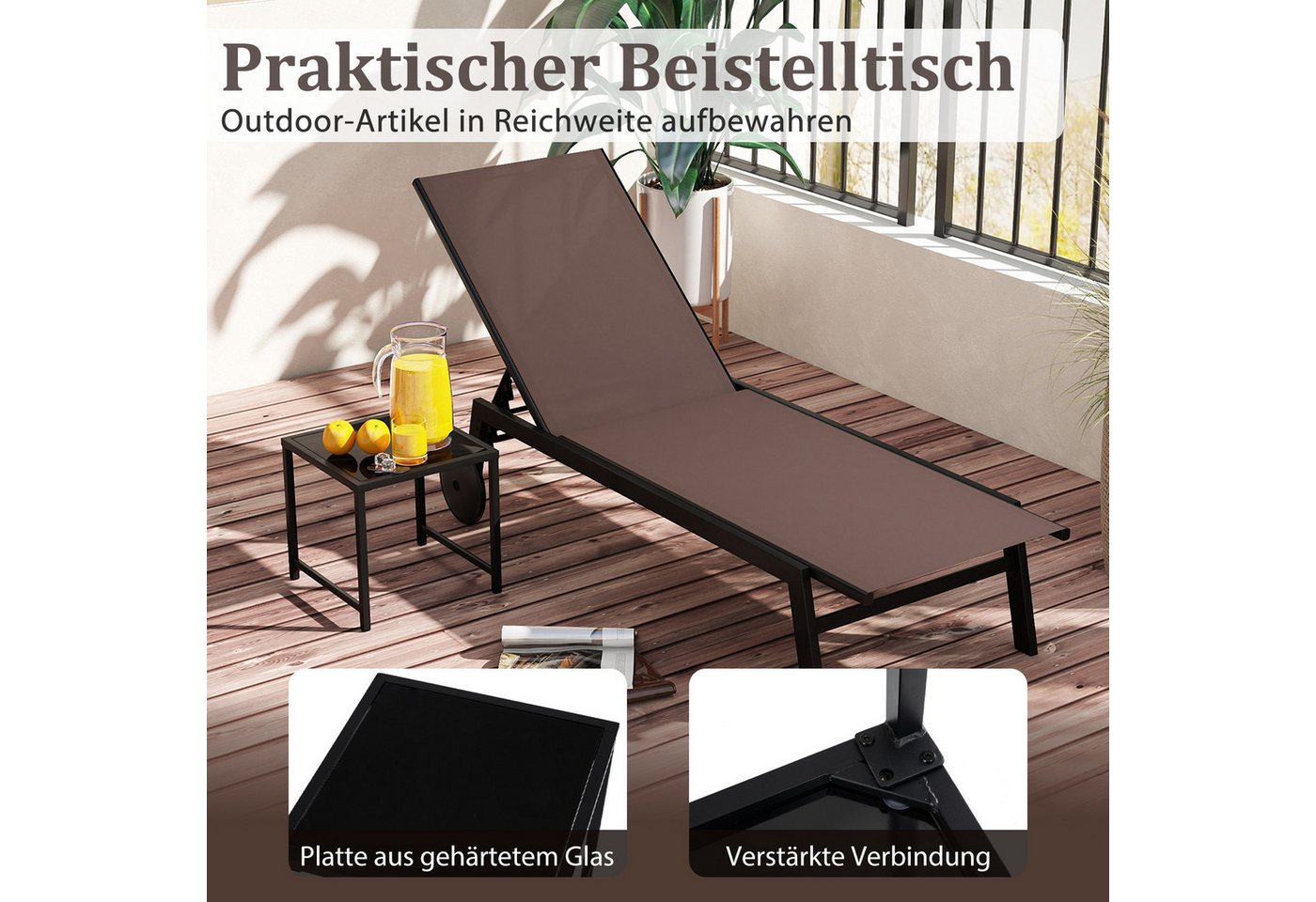 COSTWAY Gartenliege, 2 St., Liegestuhl-Set verstellbar mit Tisch, Rollen – Bild 4 von 5