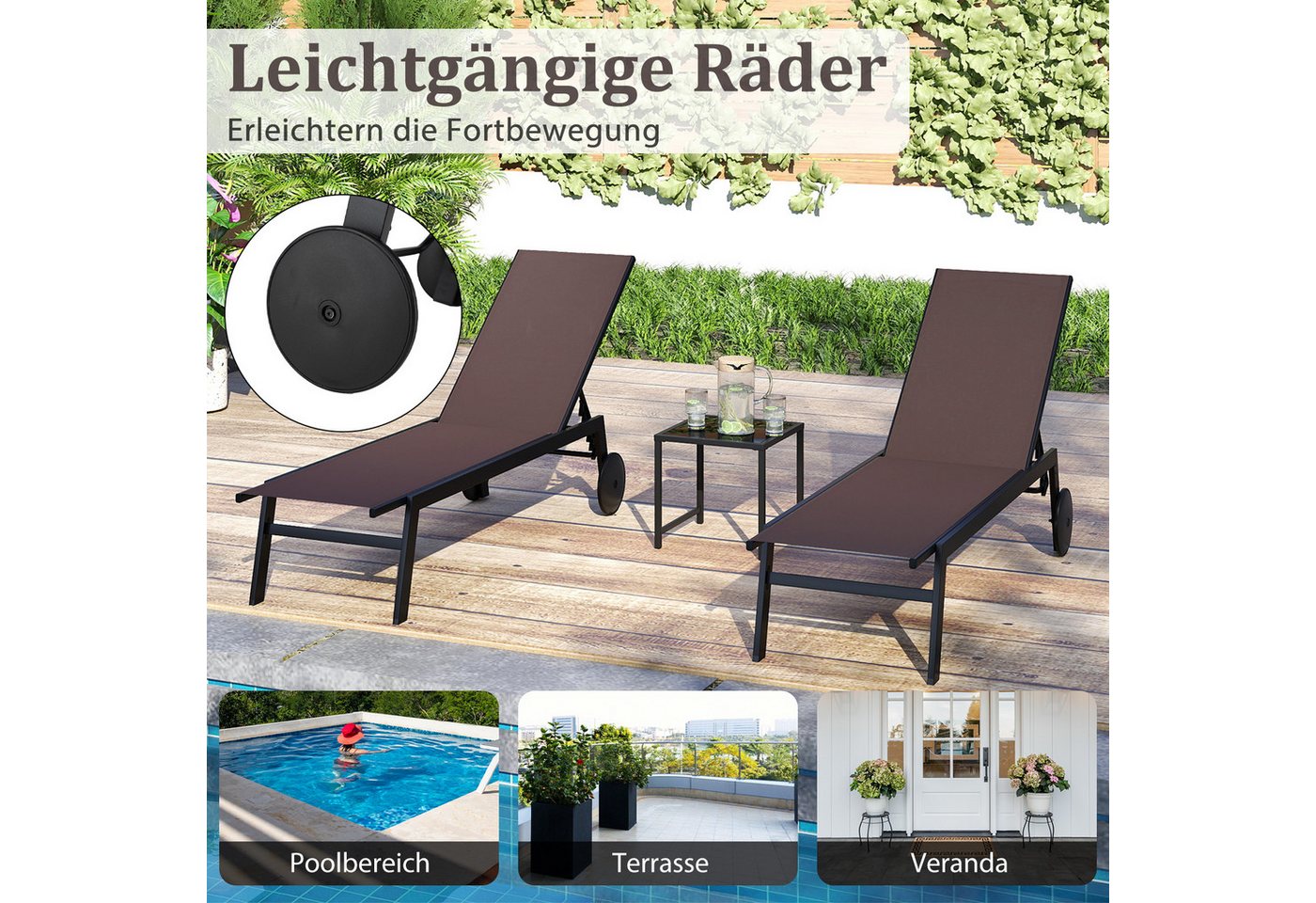 COSTWAY Gartenliege, 2 St., Liegestuhl-Set verstellbar mit Tisch, Rollen – Bild 5 von 5
