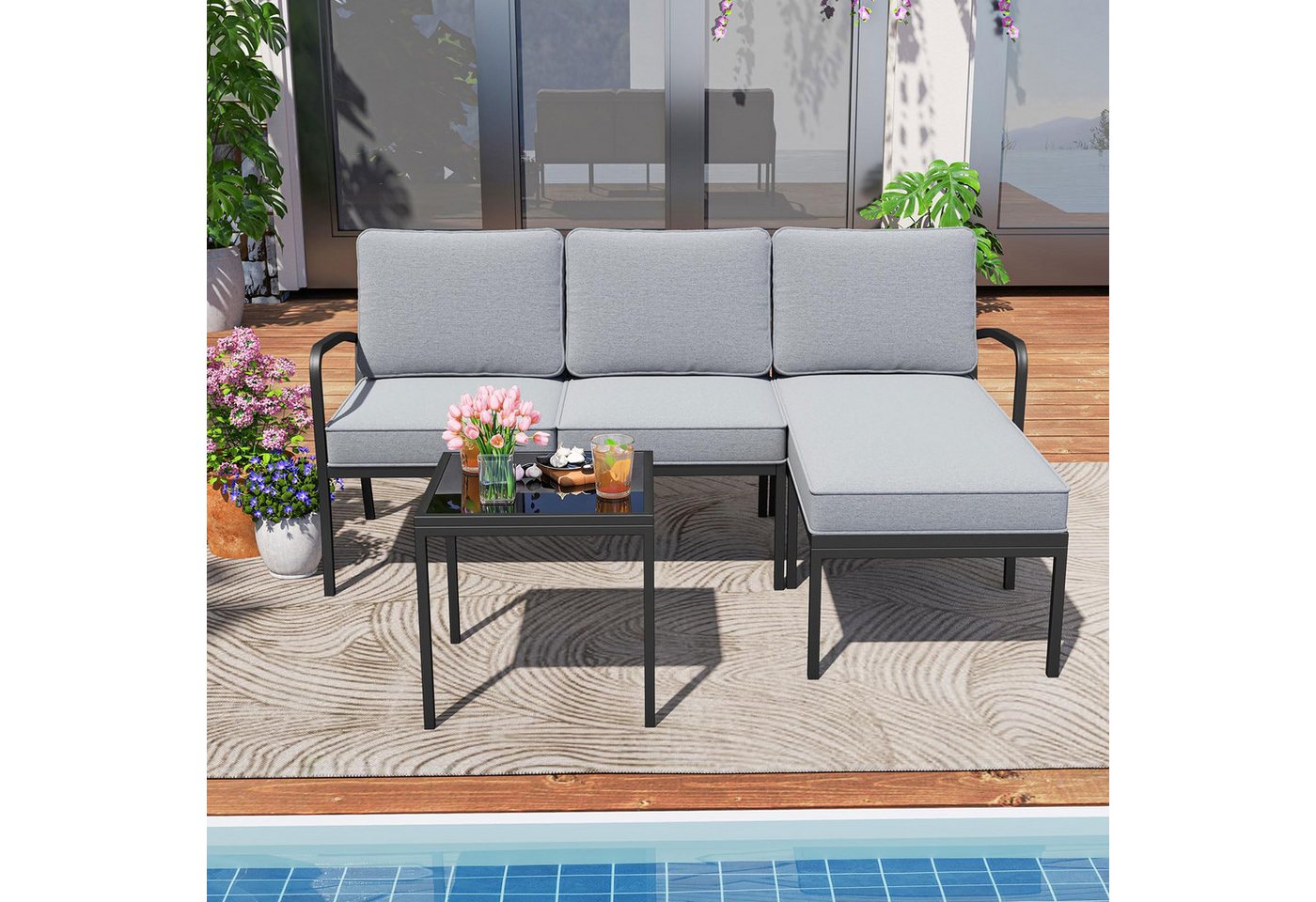 COSTWAY Gartenlounge-Set, (3-tlg), mit Kissen, wetterfest Metall für Garten, Balkon – Bild 2 von 5