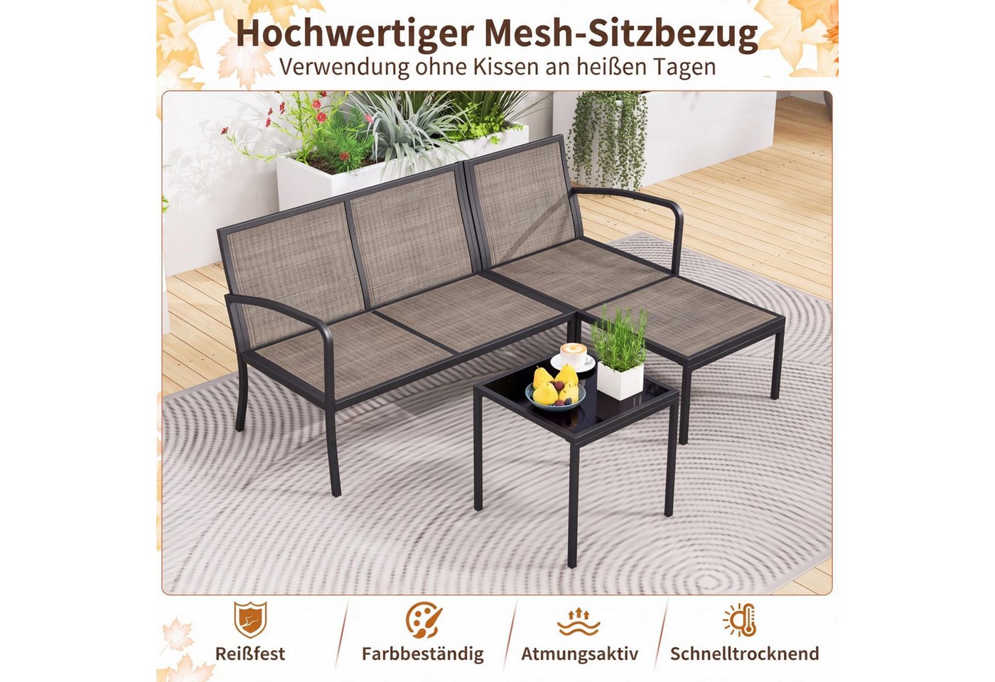 COSTWAY Gartenlounge-Set, (3-tlg), mit Kissen, wetterfest Metall für Garten, Balkon – Bild 3 von 5