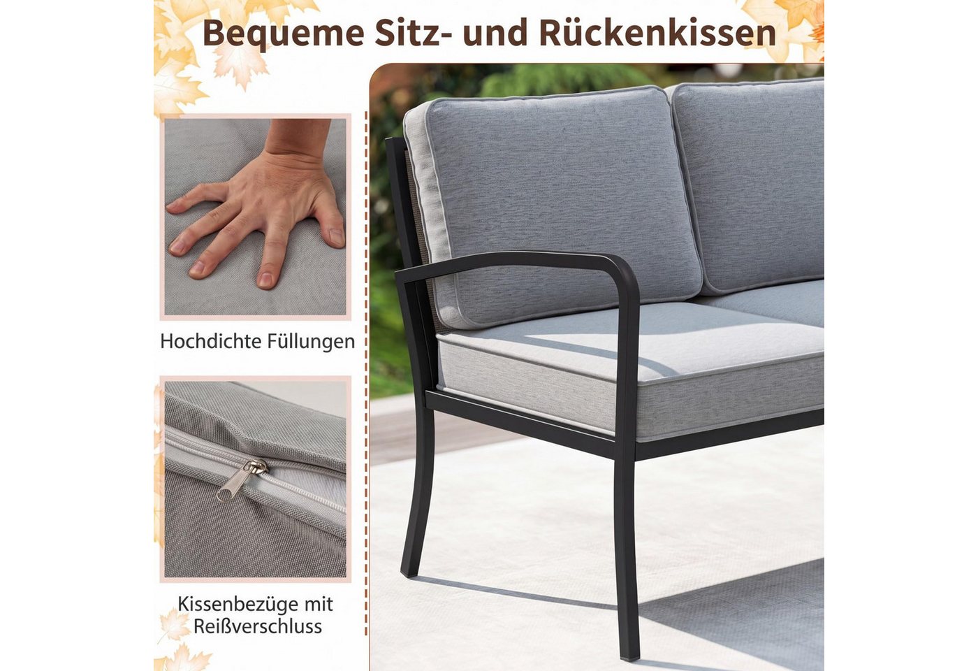 COSTWAY Gartenlounge-Set, (3-tlg), mit Kissen, wetterfest Metall für Garten, Balkon – Bild 4 von 5