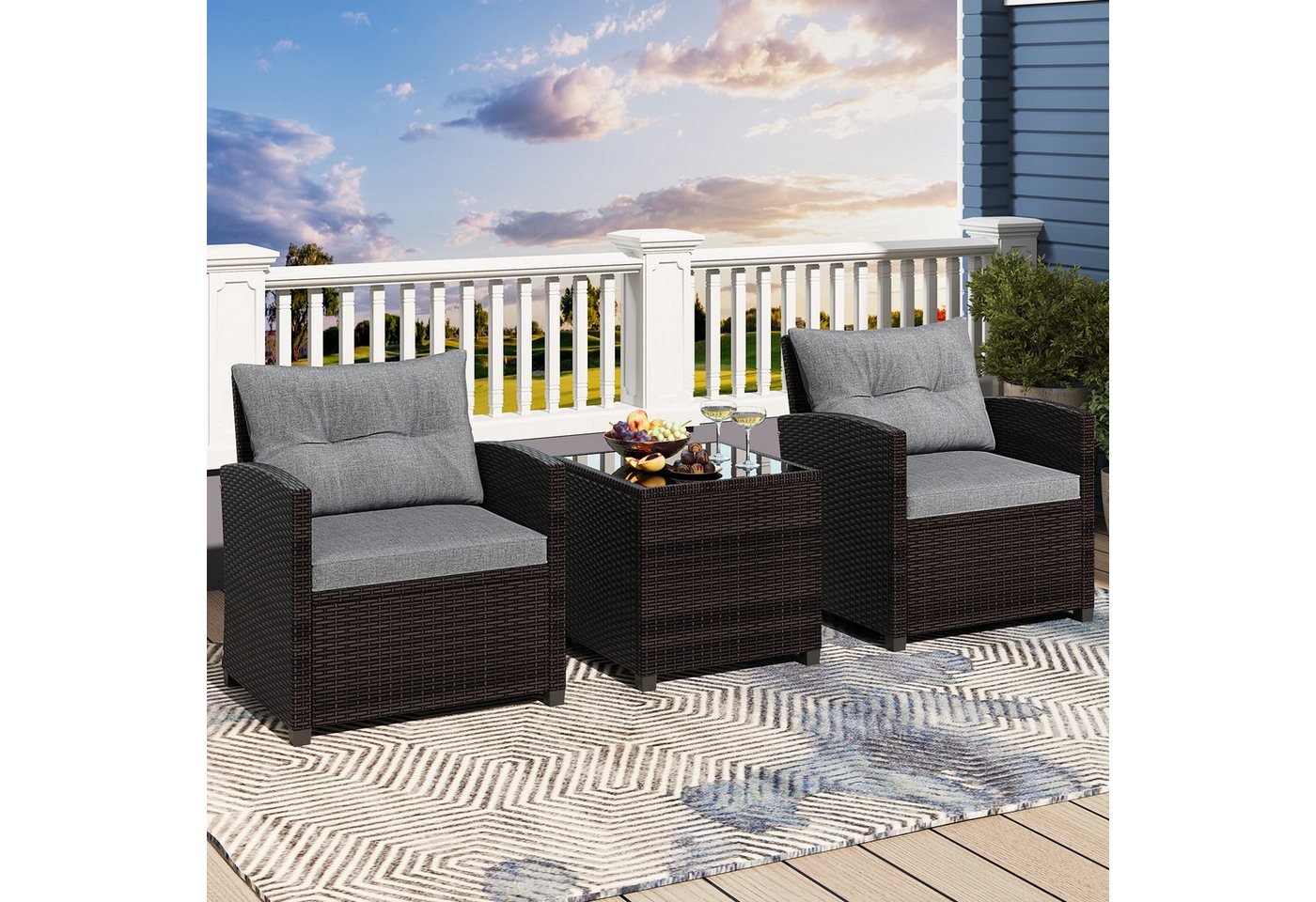 COSTWAY Gartenlounge-Set, (3-tlg., 2 Sessel & 1 Tisch), mit Kissen, Balkonset – Bild 2 von 5