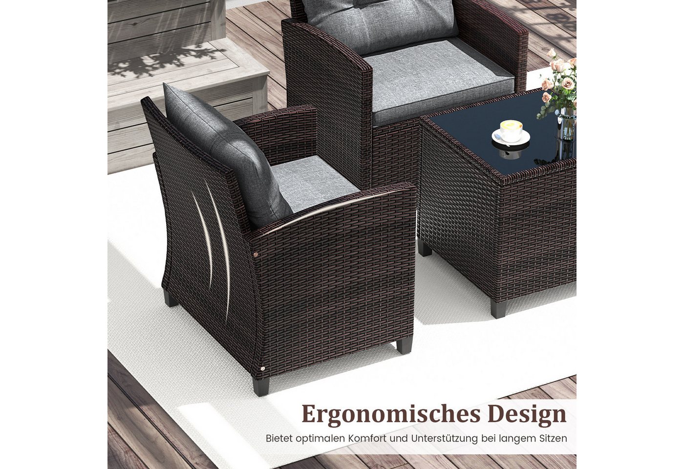 COSTWAY Gartenlounge-Set, (3-tlg., 2 Sessel & 1 Tisch), mit Kissen, Balkonset – Bild 3 von 5