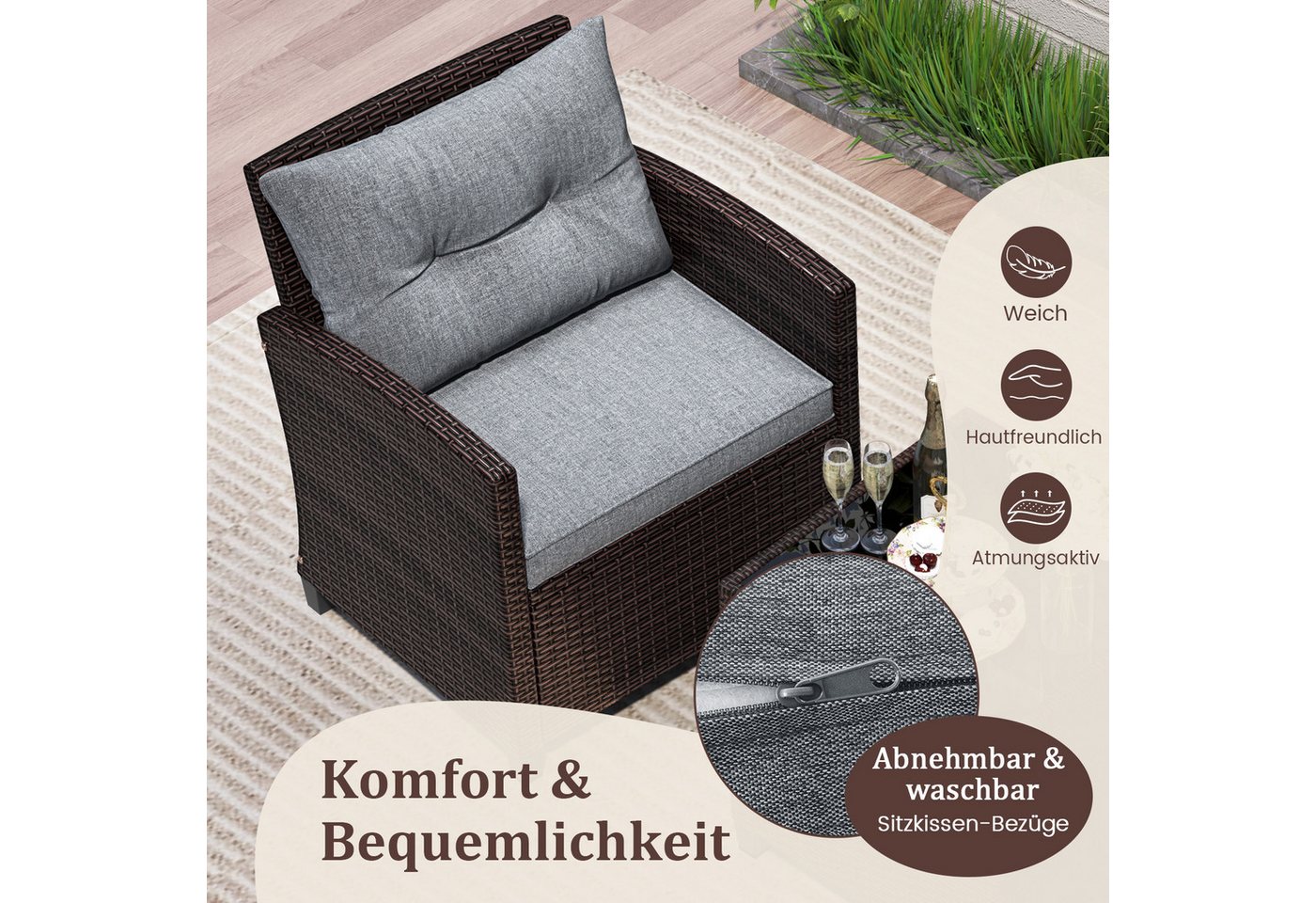 COSTWAY Gartenlounge-Set, (3-tlg., 2 Sessel & 1 Tisch), mit Kissen, Balkonset – Bild 4 von 5