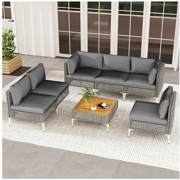 COSTWAY Gartenlounge-Set, (7-tlg), Gartenmöbel Set Rattan & Akazie, mit Kissen