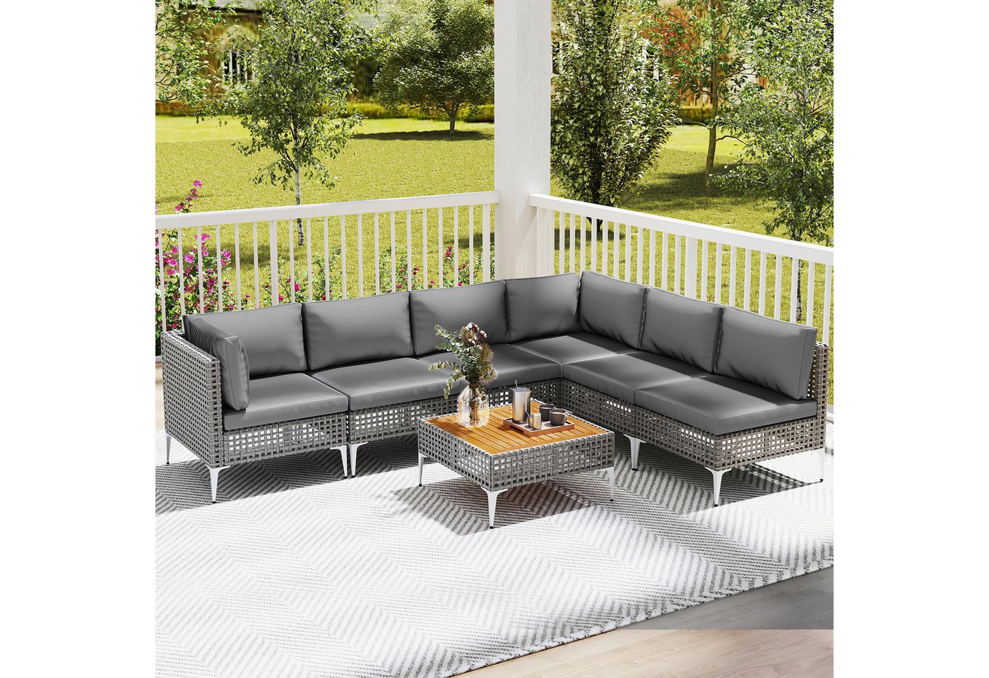 COSTWAY Gartenlounge-Set, (7-tlg), Gartenmöbel Set Rattan & Akazie, mit Kissen – Bild 2 von 5