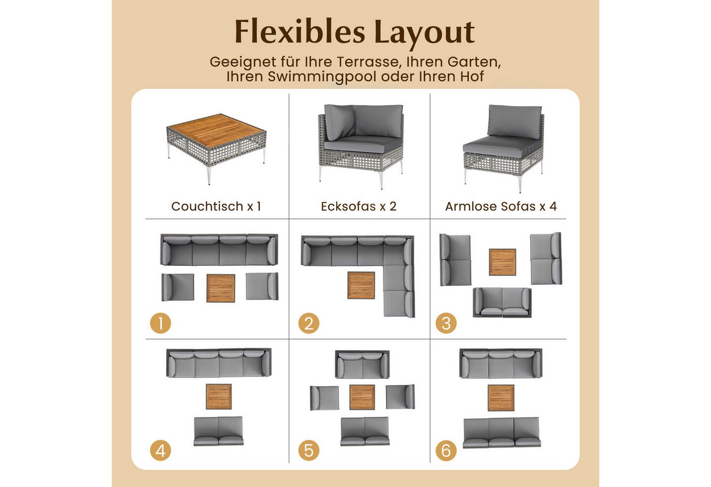 COSTWAY Gartenlounge-Set, (7-tlg), Gartenmöbel Set Rattan & Akazie, mit Kissen – Bild 3 von 5