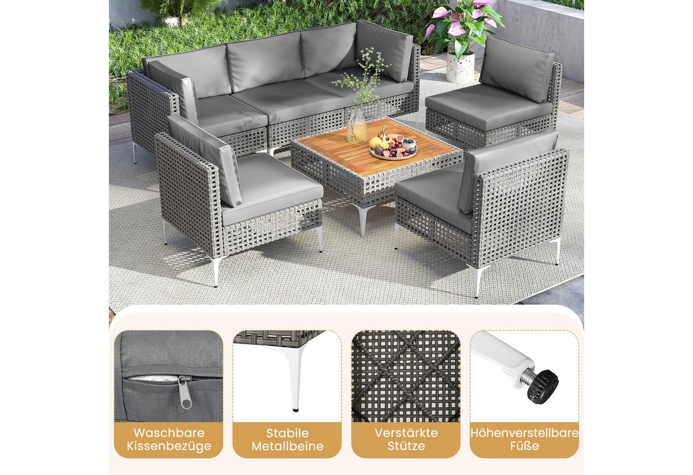 COSTWAY Gartenlounge-Set, (7-tlg), Gartenmöbel Set Rattan & Akazie, mit Kissen – Bild 4 von 5
