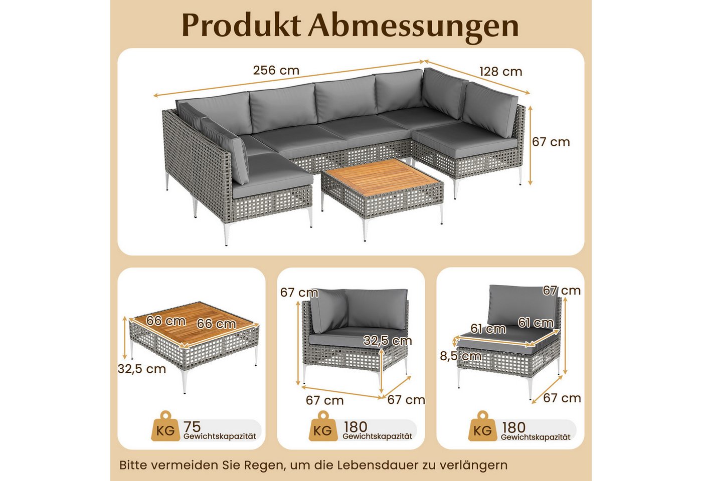 COSTWAY Gartenlounge-Set, (7-tlg), Gartenmöbel Set Rattan & Akazie, mit Kissen – Bild 5 von 5