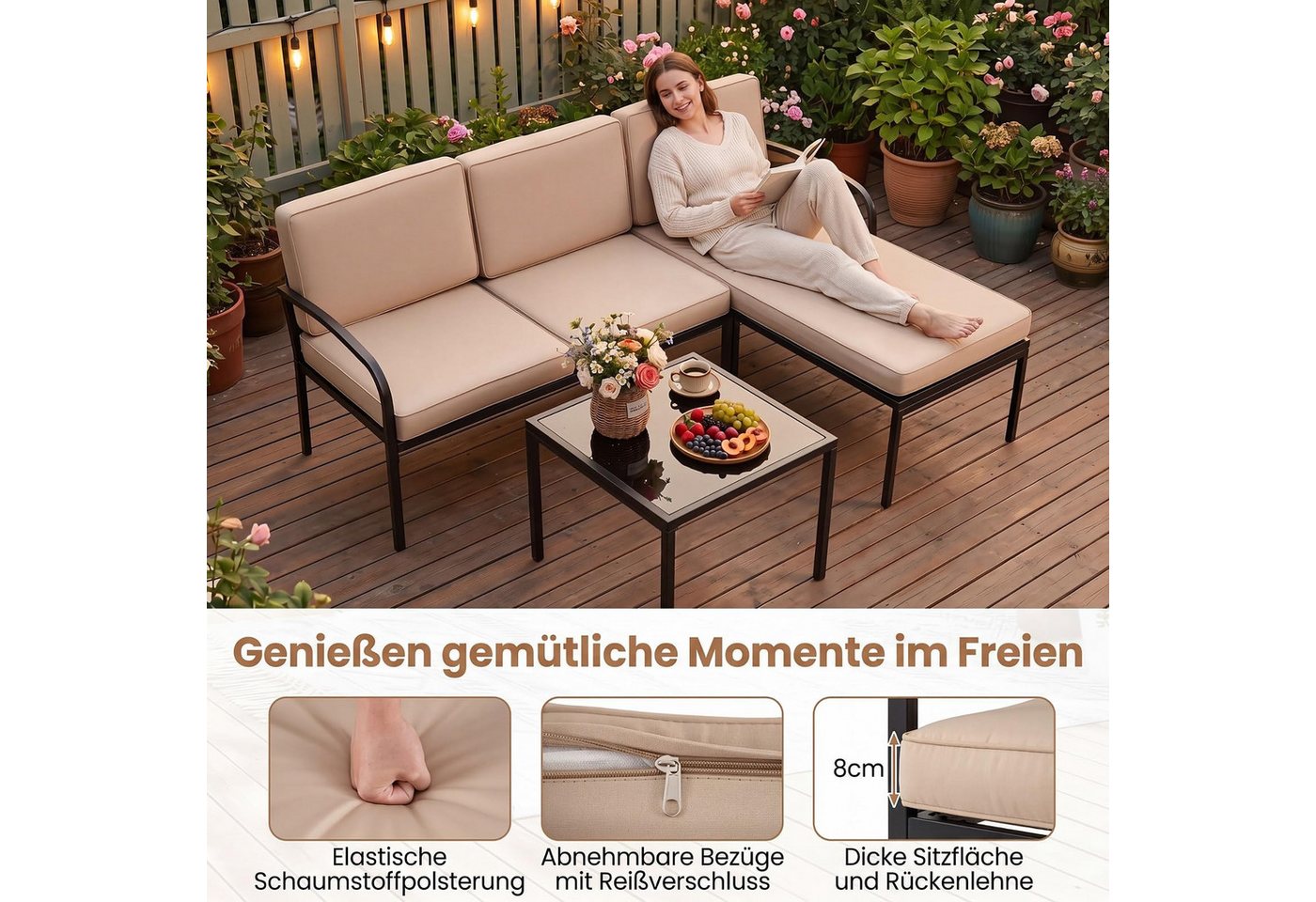 COSTWAY Gartenlounge-Set, (3-tlg), mit Kissen, wetterfest Metall für Garten, Balkon – Bild 2 von 5