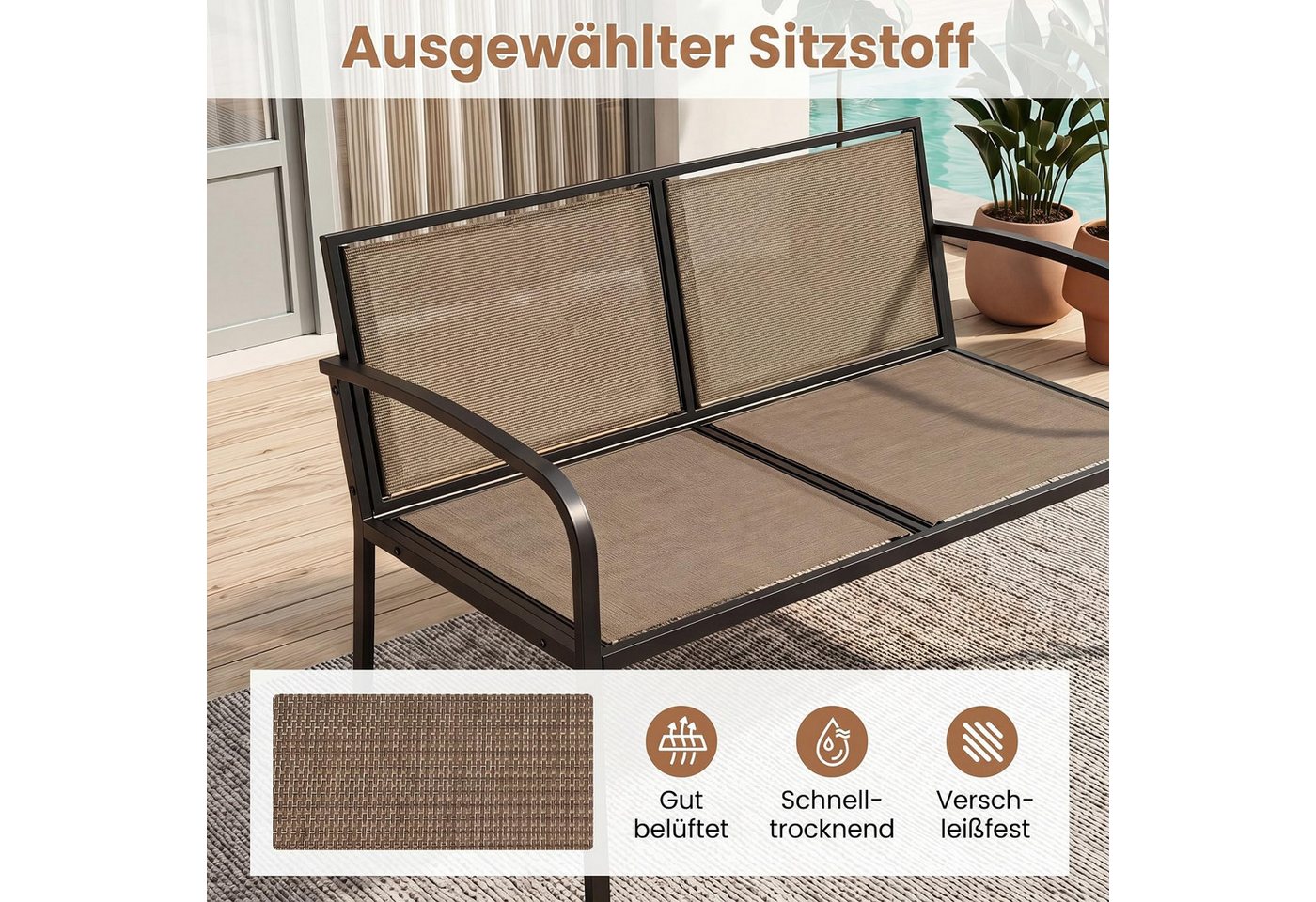 COSTWAY Gartenlounge-Set, (3-tlg), mit Kissen, wetterfest Metall für Garten, Balkon – Bild 4 von 5
