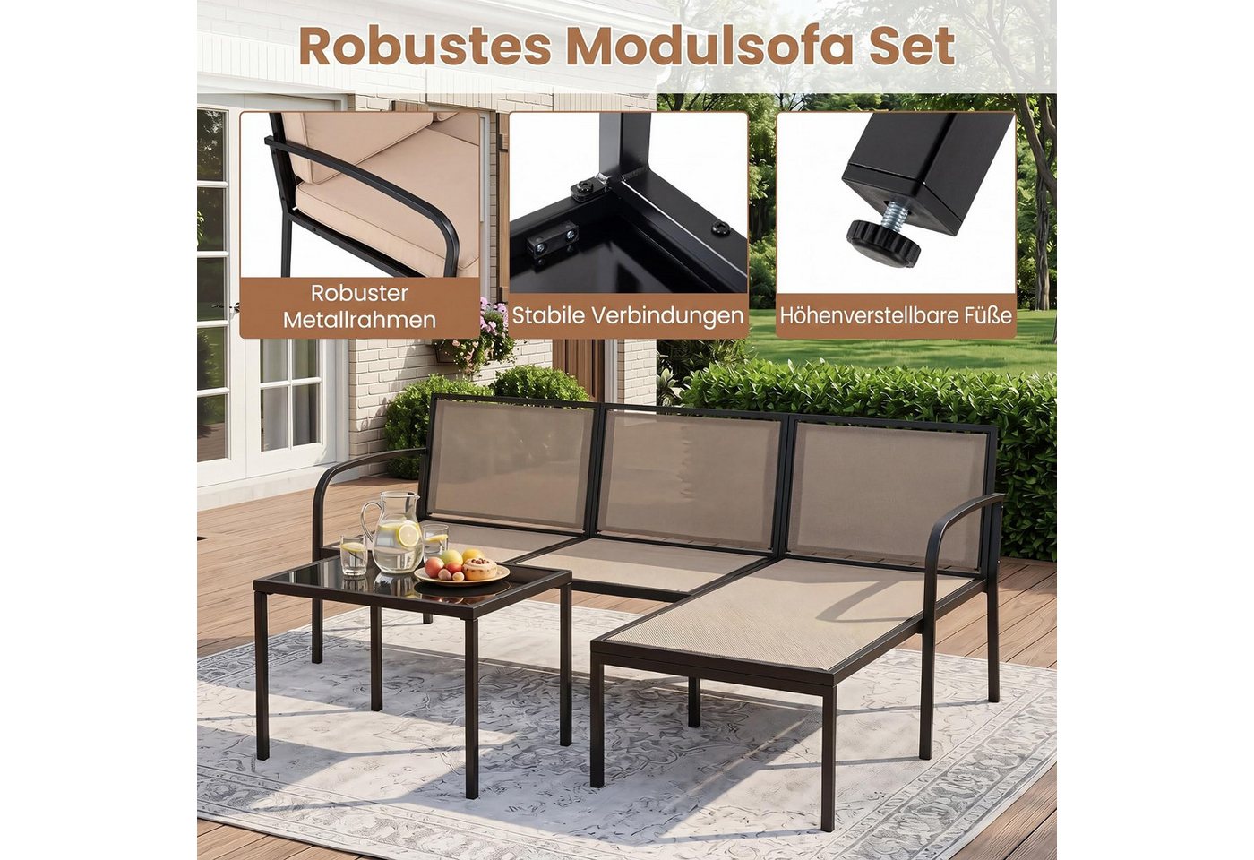 COSTWAY Gartenlounge-Set, (3-tlg), mit Kissen, wetterfest Metall für Garten, Balkon – Bild 5 von 5