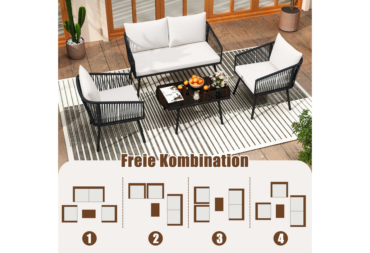 COSTWAY Gartenlounge-Set, (4-tlg), mit Esstisch, Balkonset 4 Personen mit Kissen – Bild 2 von 5