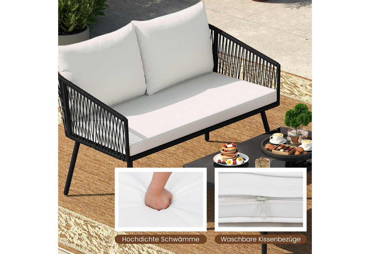 COSTWAY Gartenlounge-Set, (4-tlg), mit Esstisch, Balkonset 4 Personen mit Kissen – Bild 3 von 5